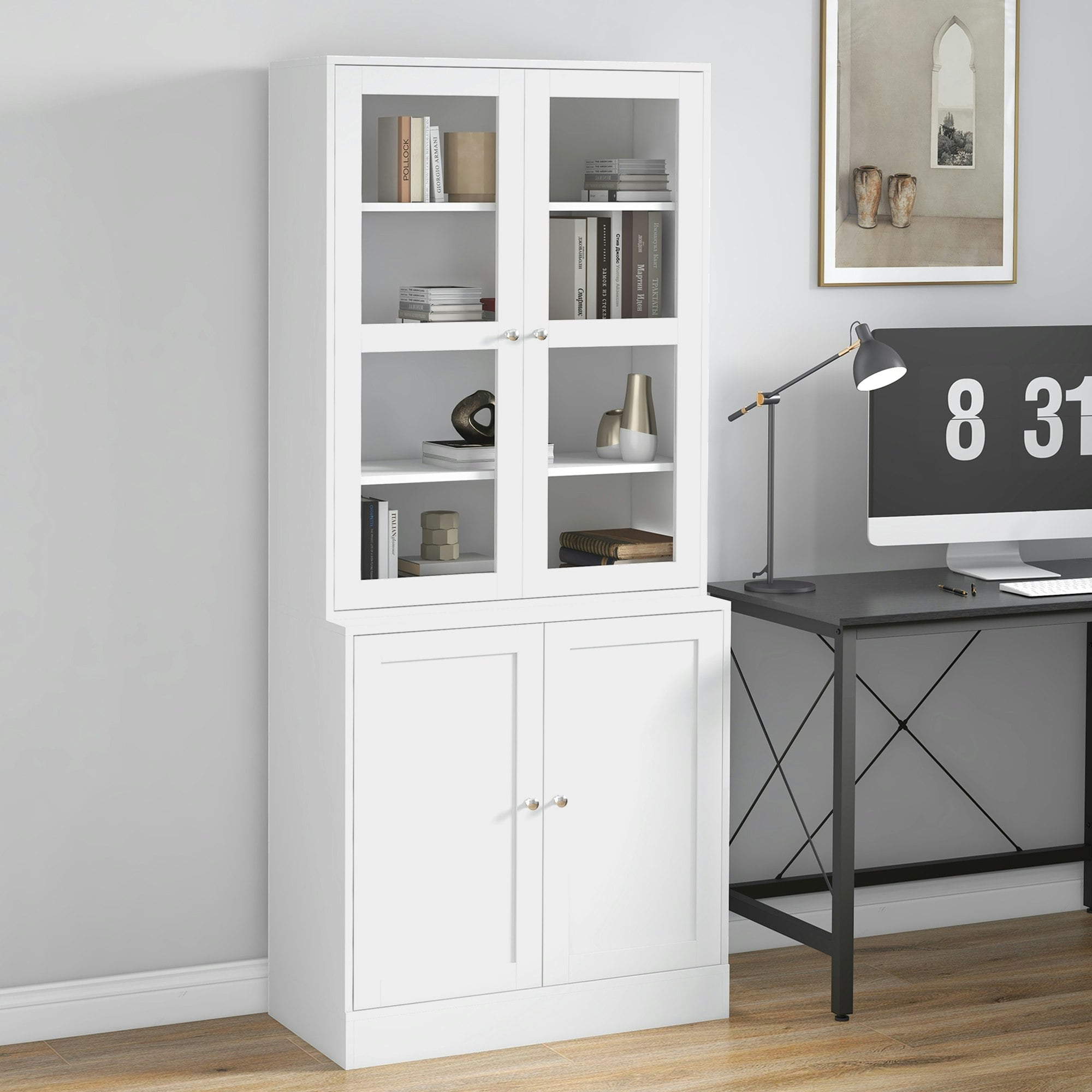 Homcom White Modern Bookcase Display Storage Cabinet W/ Doors Adjustable Shelves