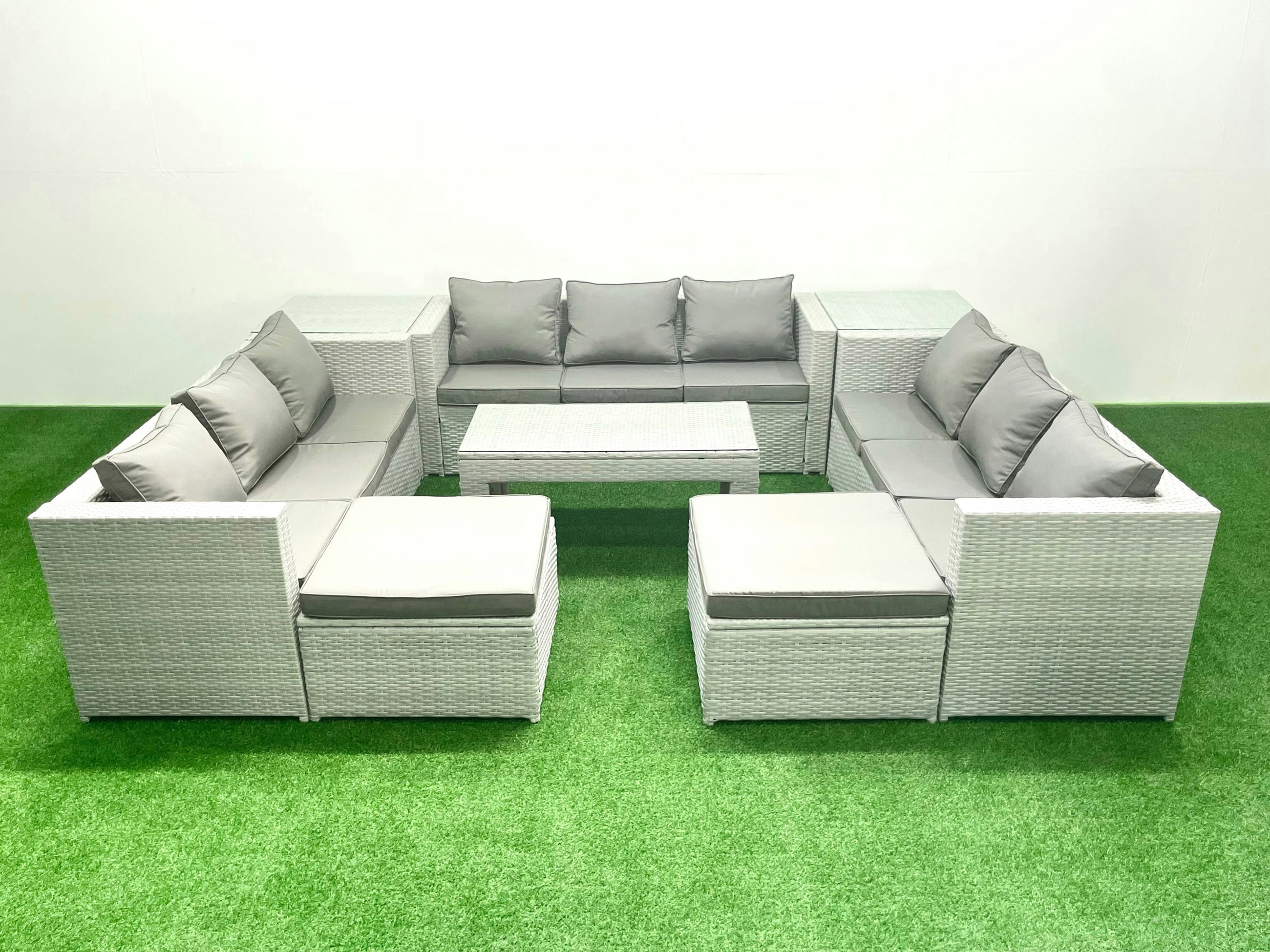 Rackhams Light/Grey Rattan Garden Outdoor Furniture Set 11 Seater Garden Sofa Oblong Coffee Table Set With 2 Big Footstools 2 Side Tables Mixed