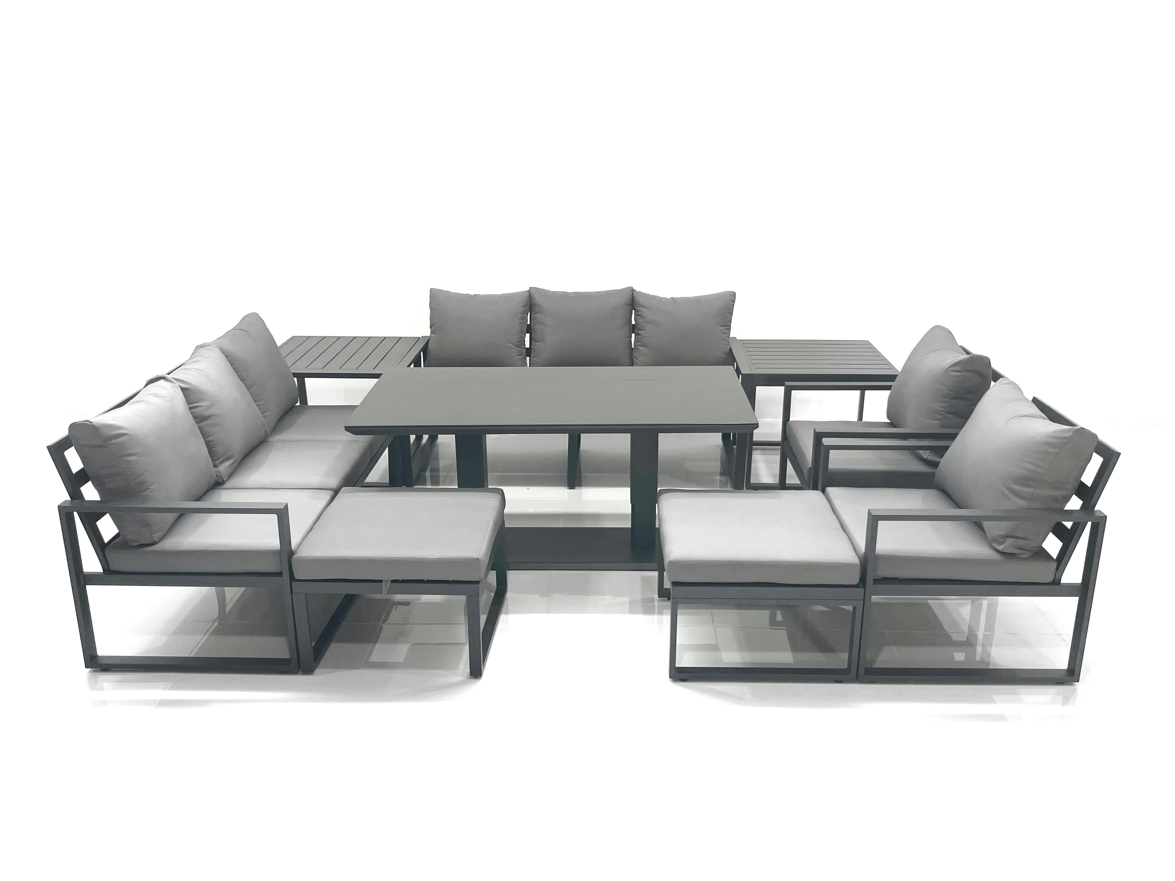 Rackhams Dark/Grey Garden Sofa Set Aluminium Furniture Rising Dining Tabe Set With 2 Chair 2 Big Footstools 2 Side Table
