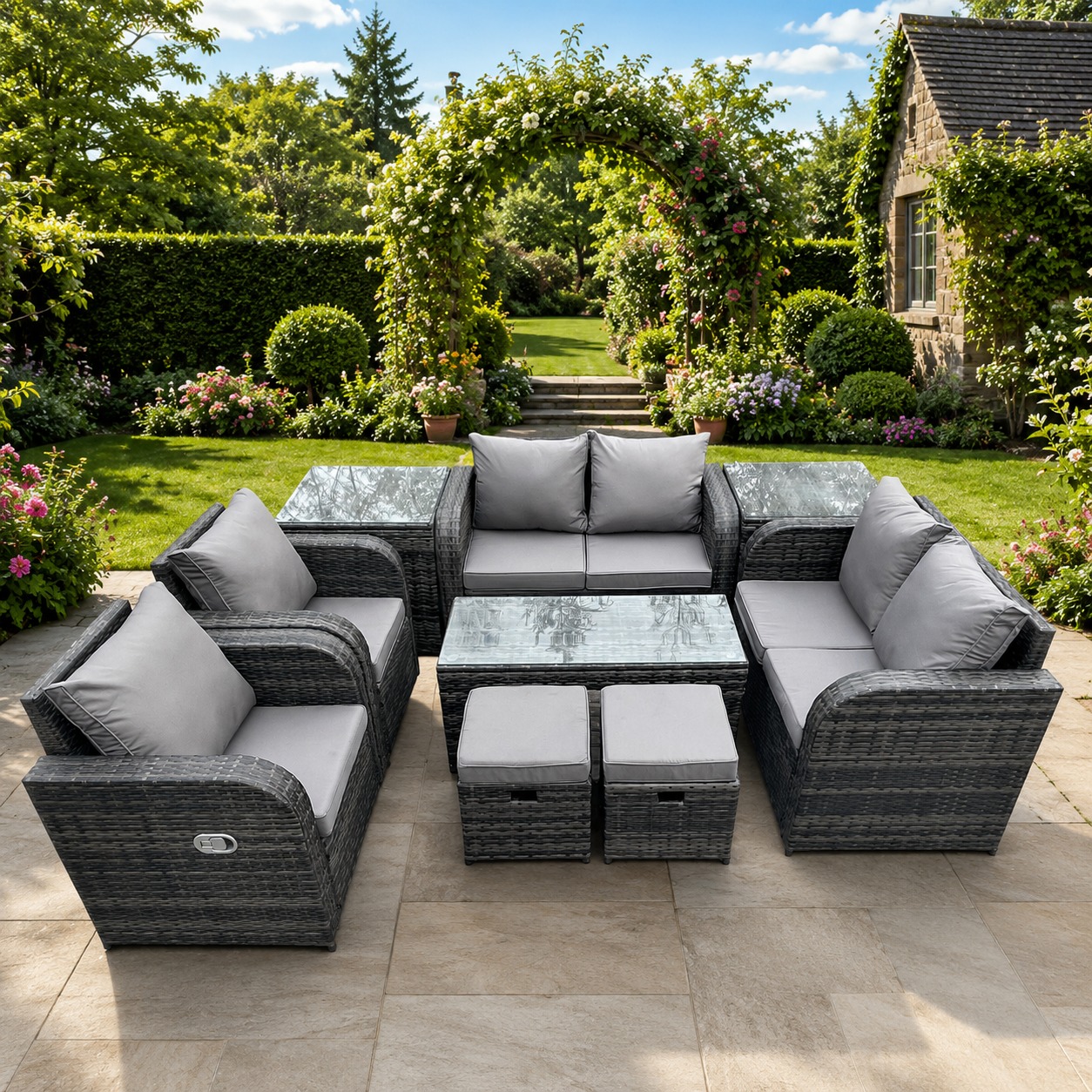 Fimous Dark/Grey 9 Piece Rattan Garden Furniture Set Outdoor Patio Sofa, Table & Chairs Coffee Table 2 Small Footstools, Outdoor & Indoor Patio Set