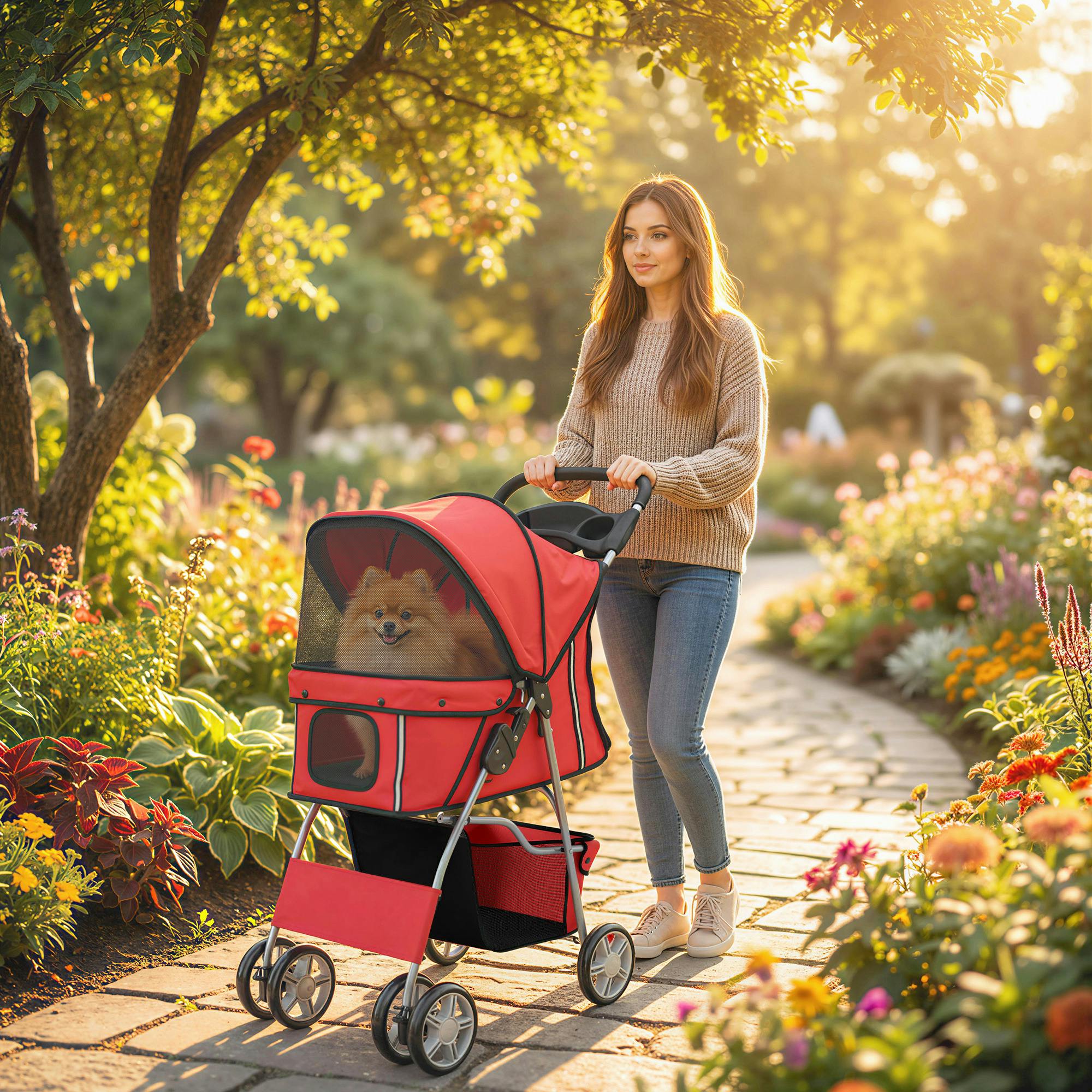 Pawhut Red Pet Stroller Carrier Foldable Deluxe Walk Travel Dog,