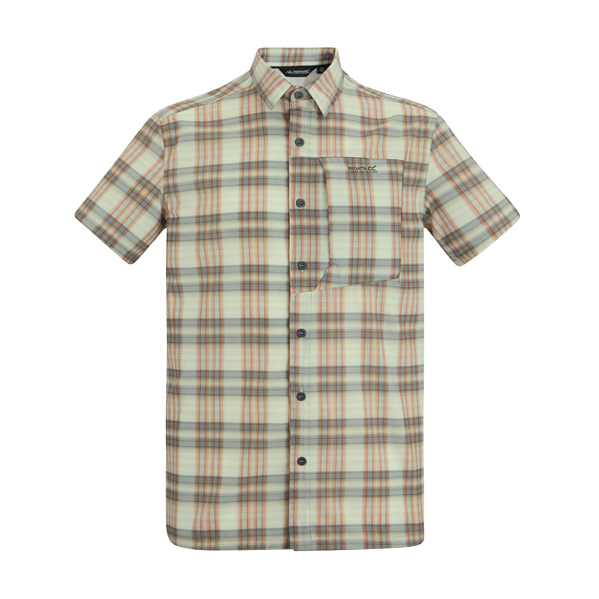 Regatta Men's White Checked Insect Repellent Short-Sleeved Travel Shirt - Stone - 3XL - Stone - 96% Recycled Polyester/4% Elastane