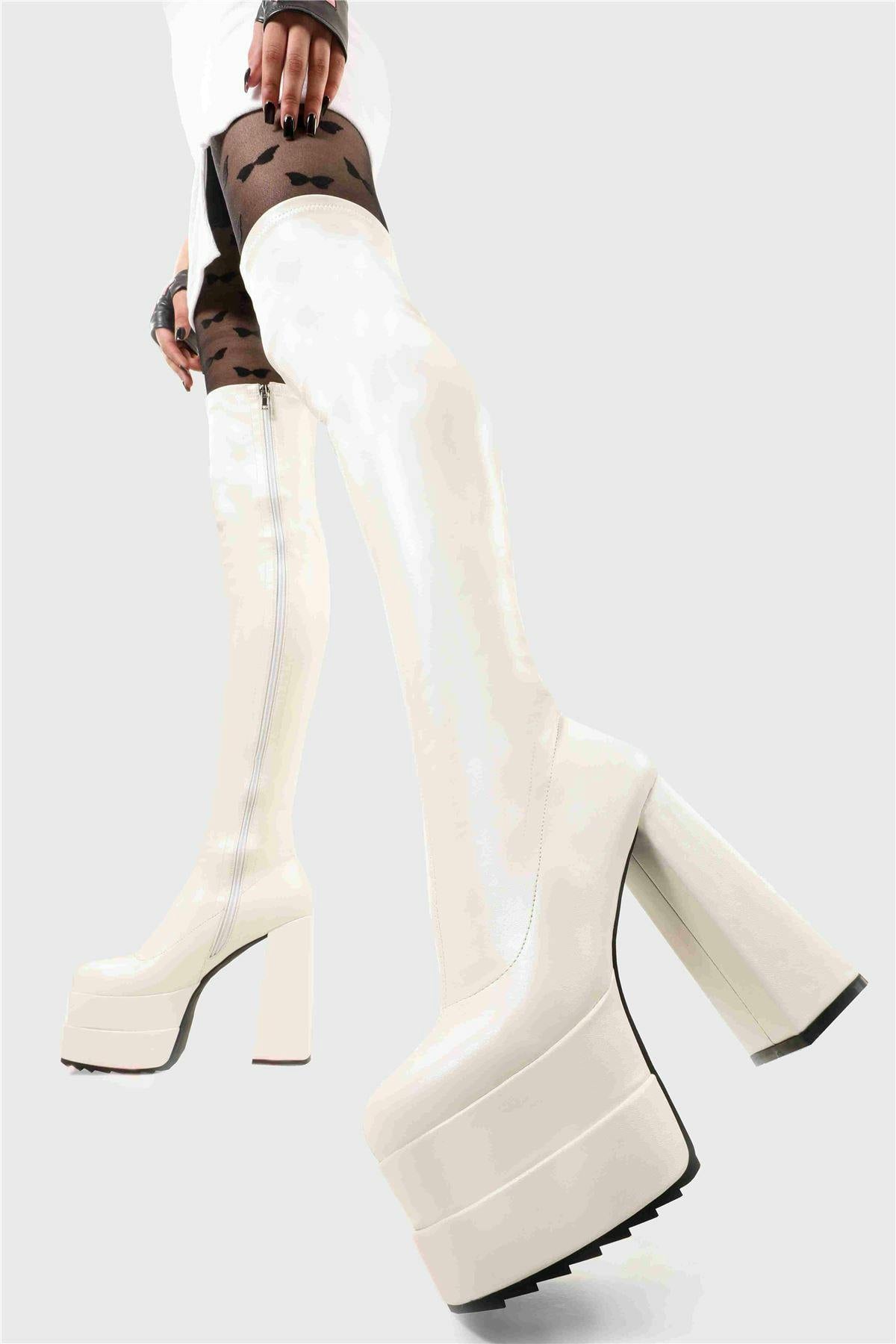 Lamoda Women's White Fantasies Pu Platform Thigh High Boots Stylish Streetwear - Uk6