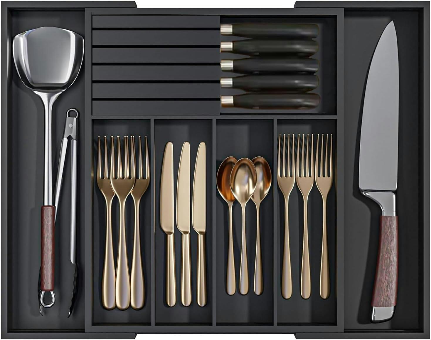 Mantraraj Black Bamboo Cutlery Drawer Organiser With Knife Block Expandable Cutlery Tray For Kitchen Drawers 5-7Compartments - Bamboo - Cutlery Drawer Organiser