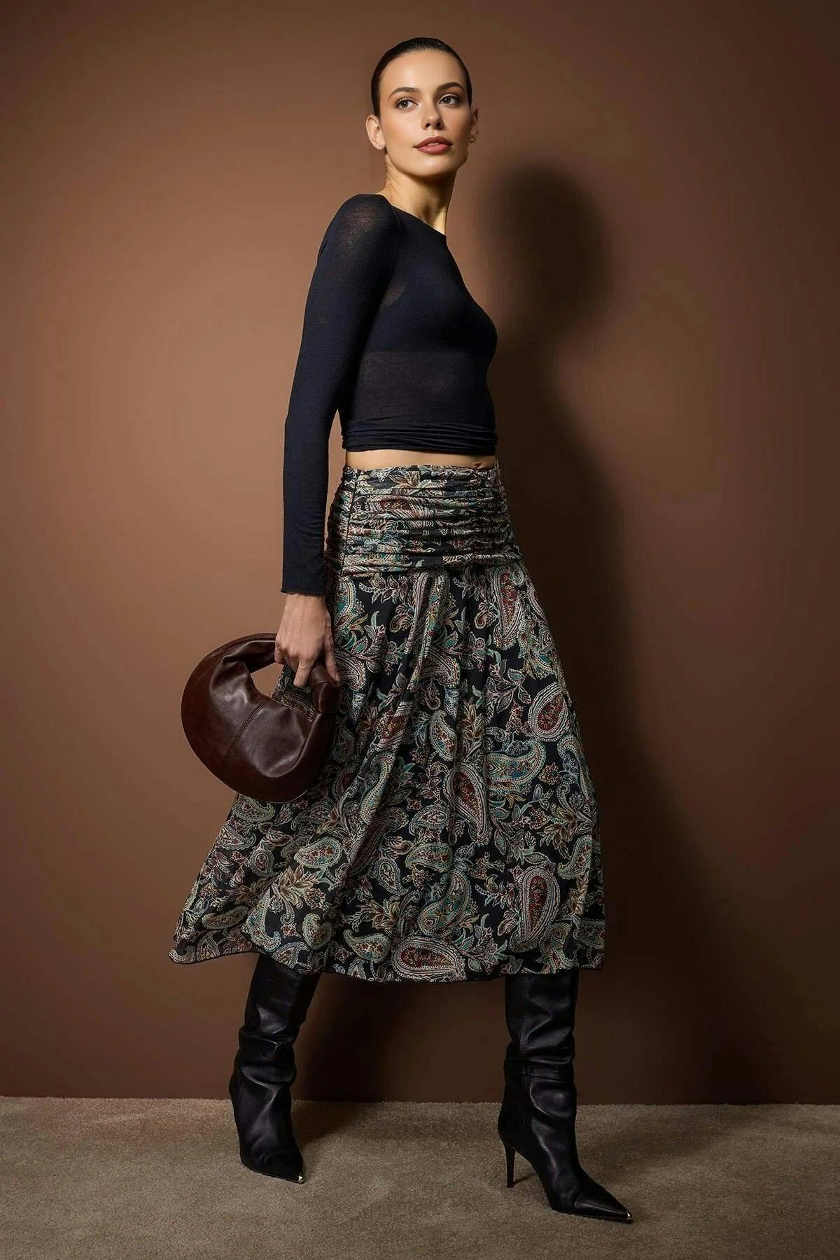 Wovcor Maxi Boho Chic Printed Tulle Stretch Knit Skirt With Drape Detail - Multi - S