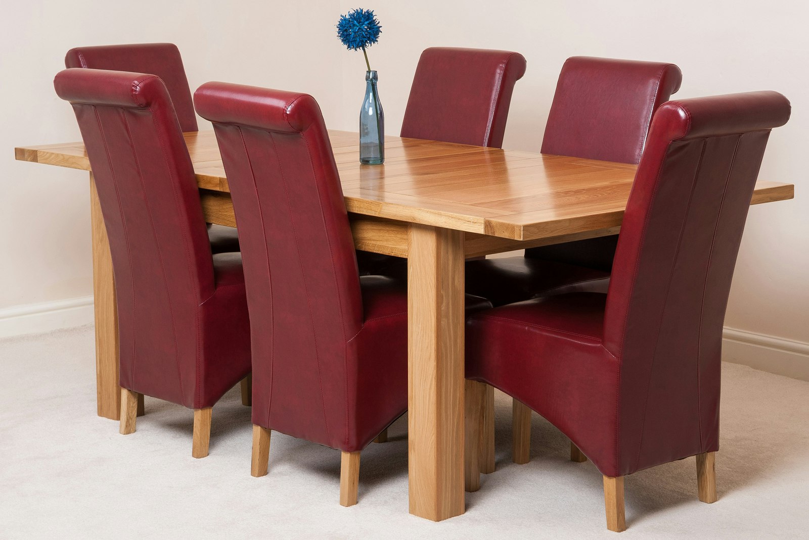 That's Furniture Burgundy Seattle Oak Extending Dining Table With Montana Leather Chairs - 6 Chairs