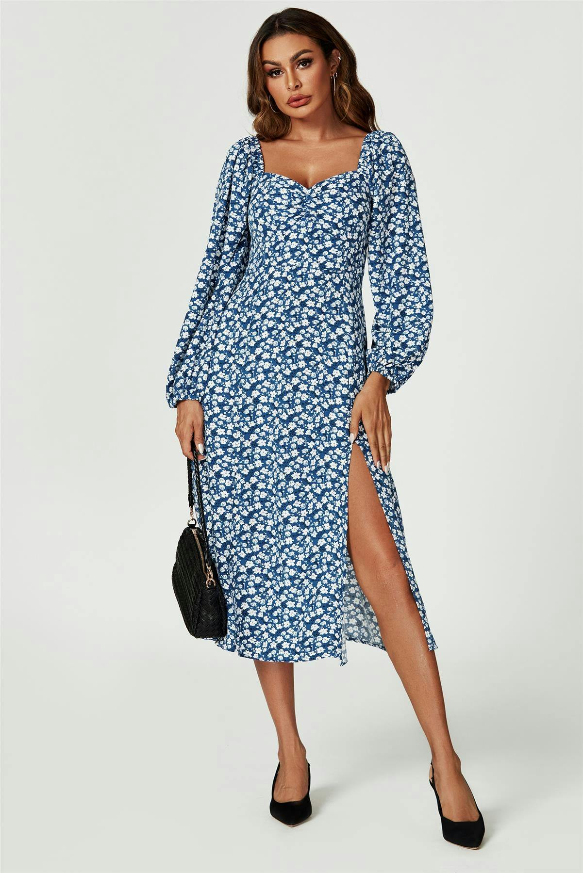 Fs Collection Blue Floral Print Long Sleeve Heart Neckline Midi Dress In - Xs