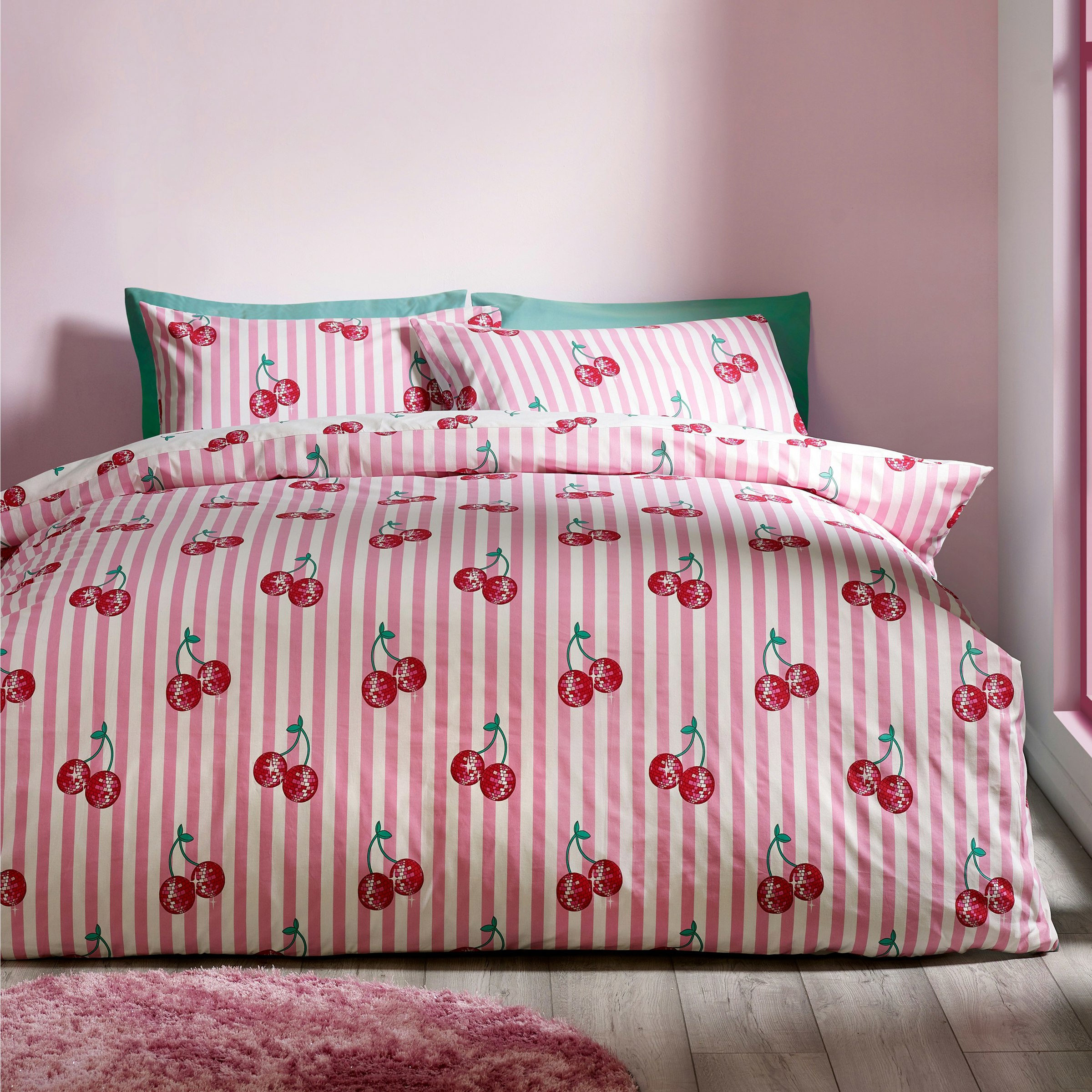 Catherine Lansfield Pink Disco Cherries Stripes Reversible Duvet Cover Set - Double