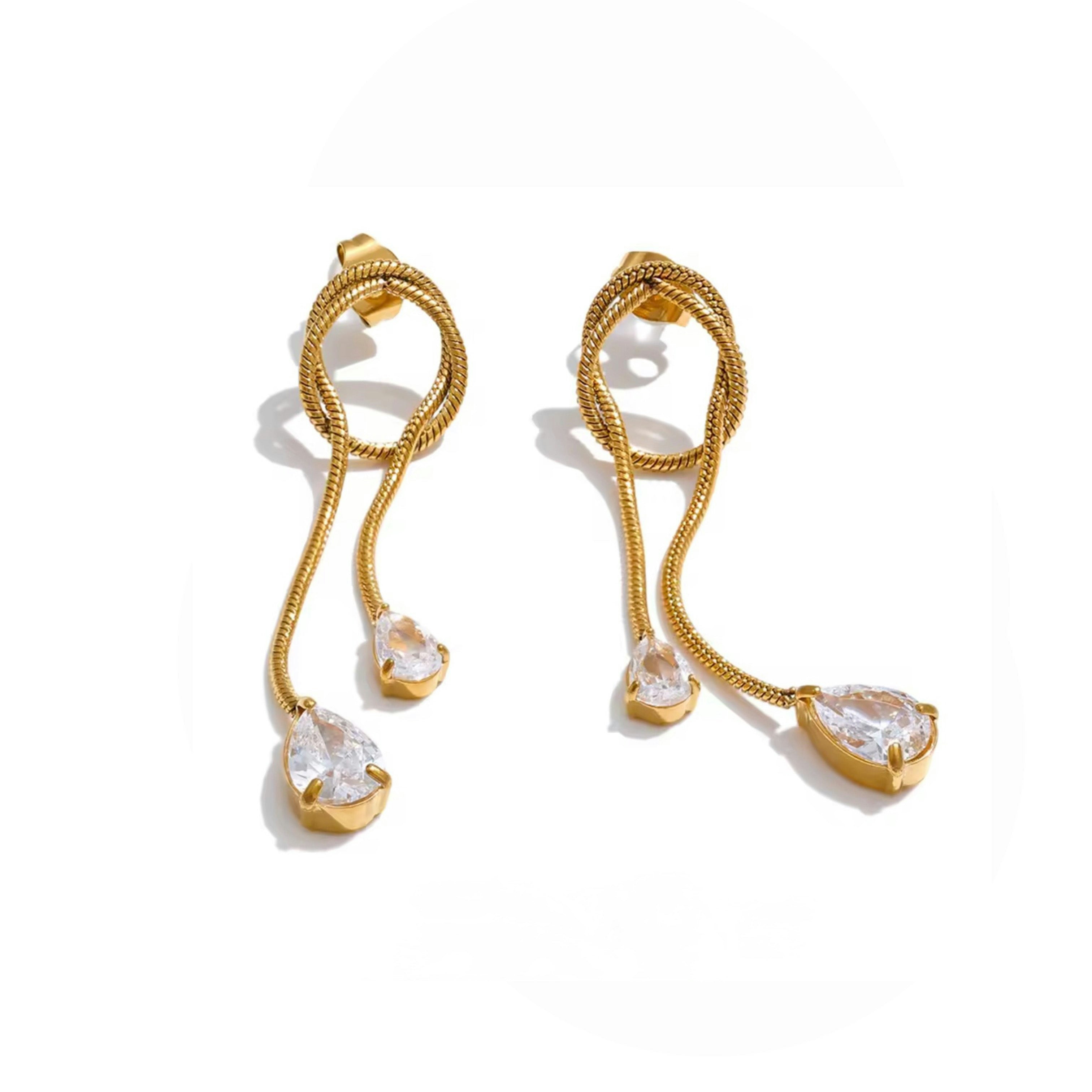 Luxe Tones Gold Maia Luxe 18Ct Plated Snake Chain Drop Earrings With Teardrop Crystals
