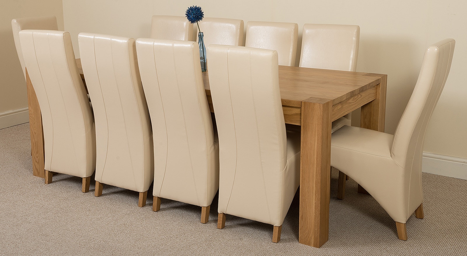 That's Furniture Ivory Kuba Oak Dining Table With Lola Leather Chairs - Dining Table And Chairs Set - 10 Chairs Extra Large