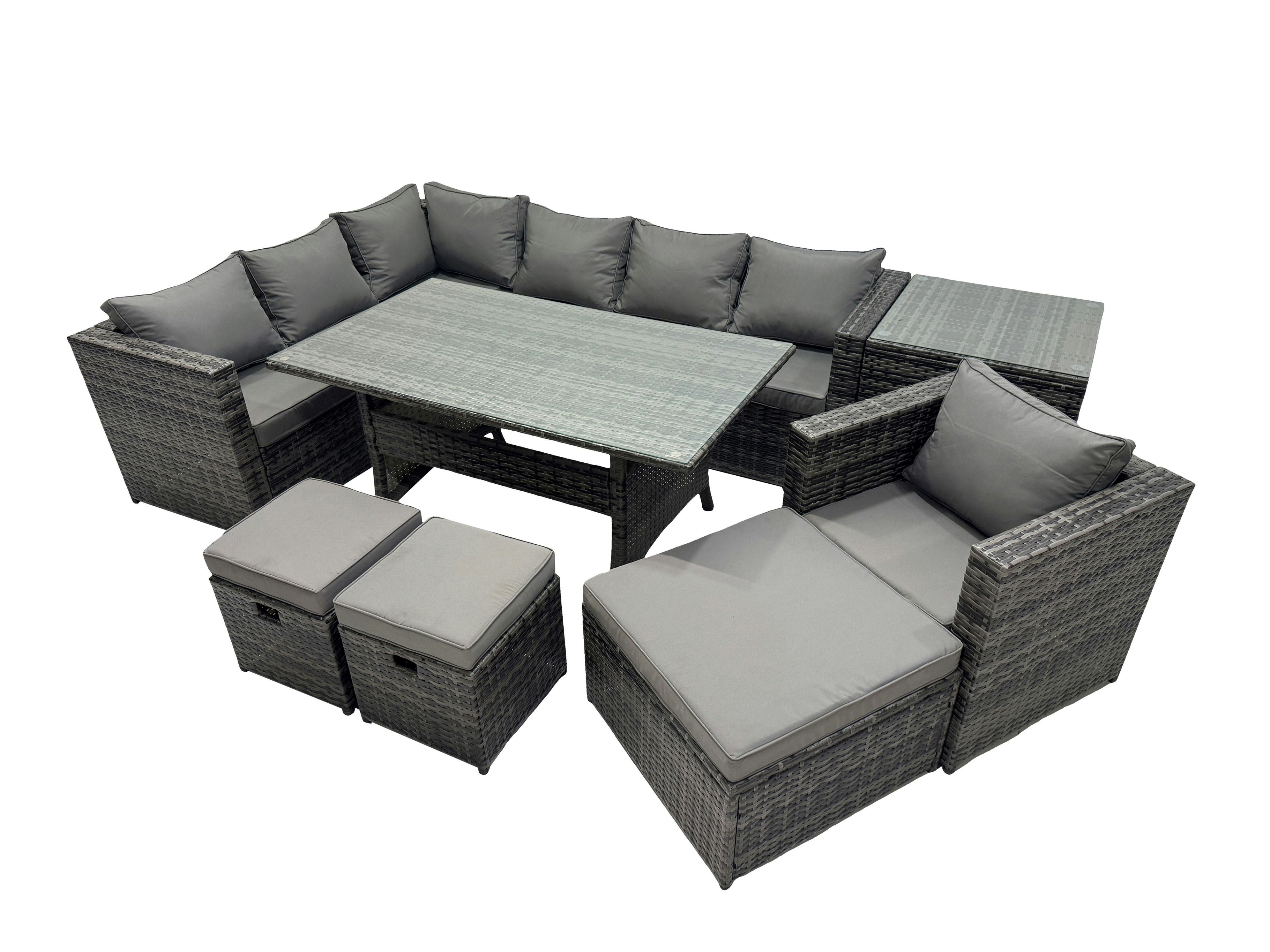 Rackhams Dark/Grey Outdoor Pe Rattan Sofa Set With Dining Table Patio Garden Furniture Sets With Chair 3 Stool Side Table Mixed