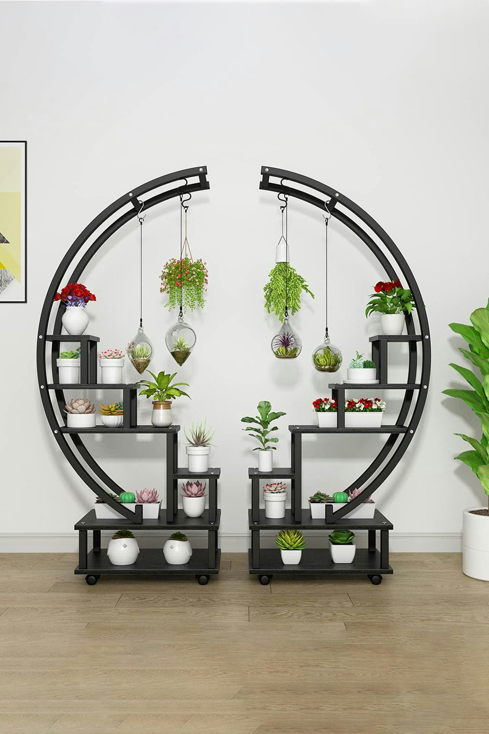 Rackhams Black 2Pcs Half-Moon-Shaped Stand Display Shelf Plant Stand Bookshelf With Wheels