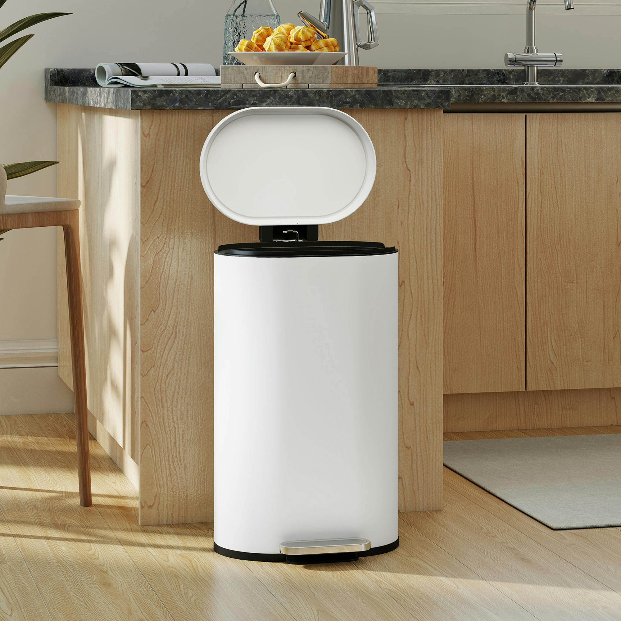 Rackhams Cream Slim Rectangular Pedal Bin With Soft-Close Lid, 30L Kitchen Bin