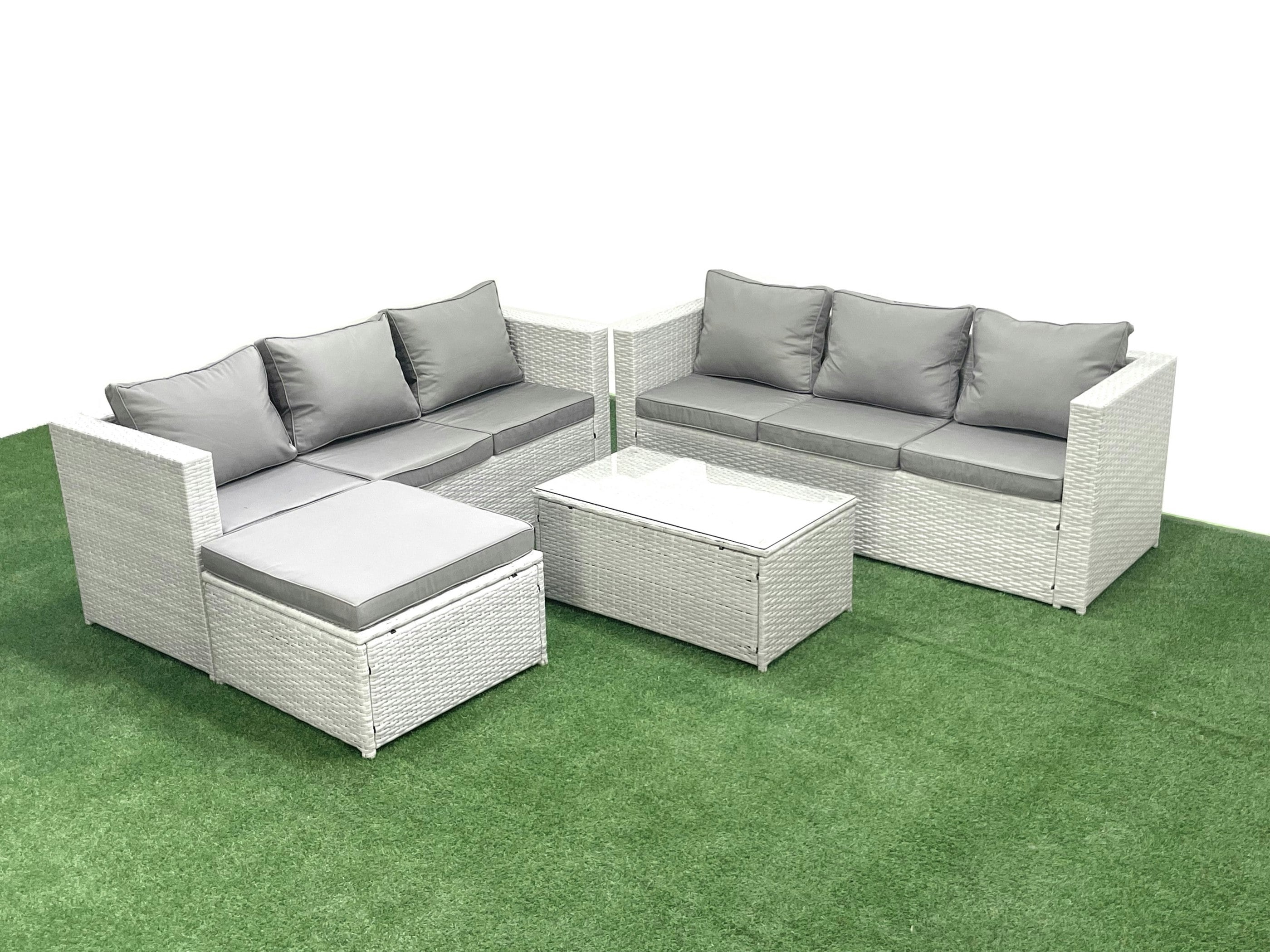 Rackhams Light/Grey Garden Outdoor Pe Rattan Furniture Set 7 Seater Rattan Garden Sofa Set With Big Footstool Mixed