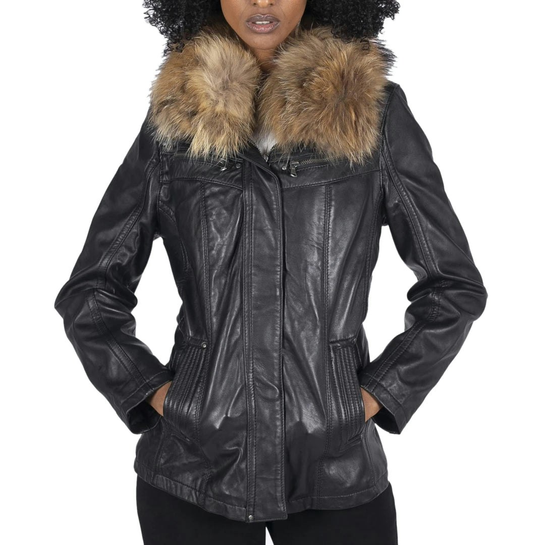 Infinity Leather Women's Brown/Black Leather Company Leather Short Parka Jacket Coat Fur Hood Zipped Tan - Uk 22