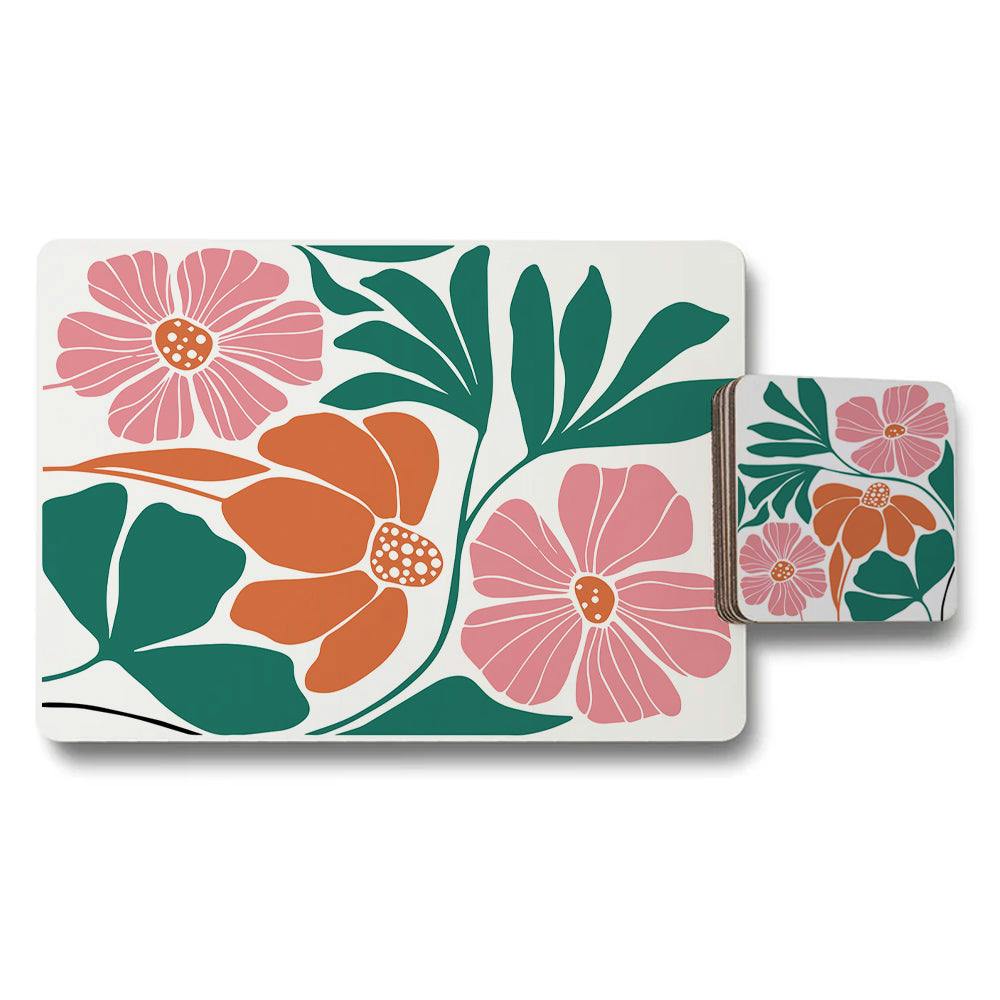 Rackhams Pink/Coral Floral Art Placemats And Coasters Twelve Piece Set Designer Artwork Wood Bottom Limited Edition