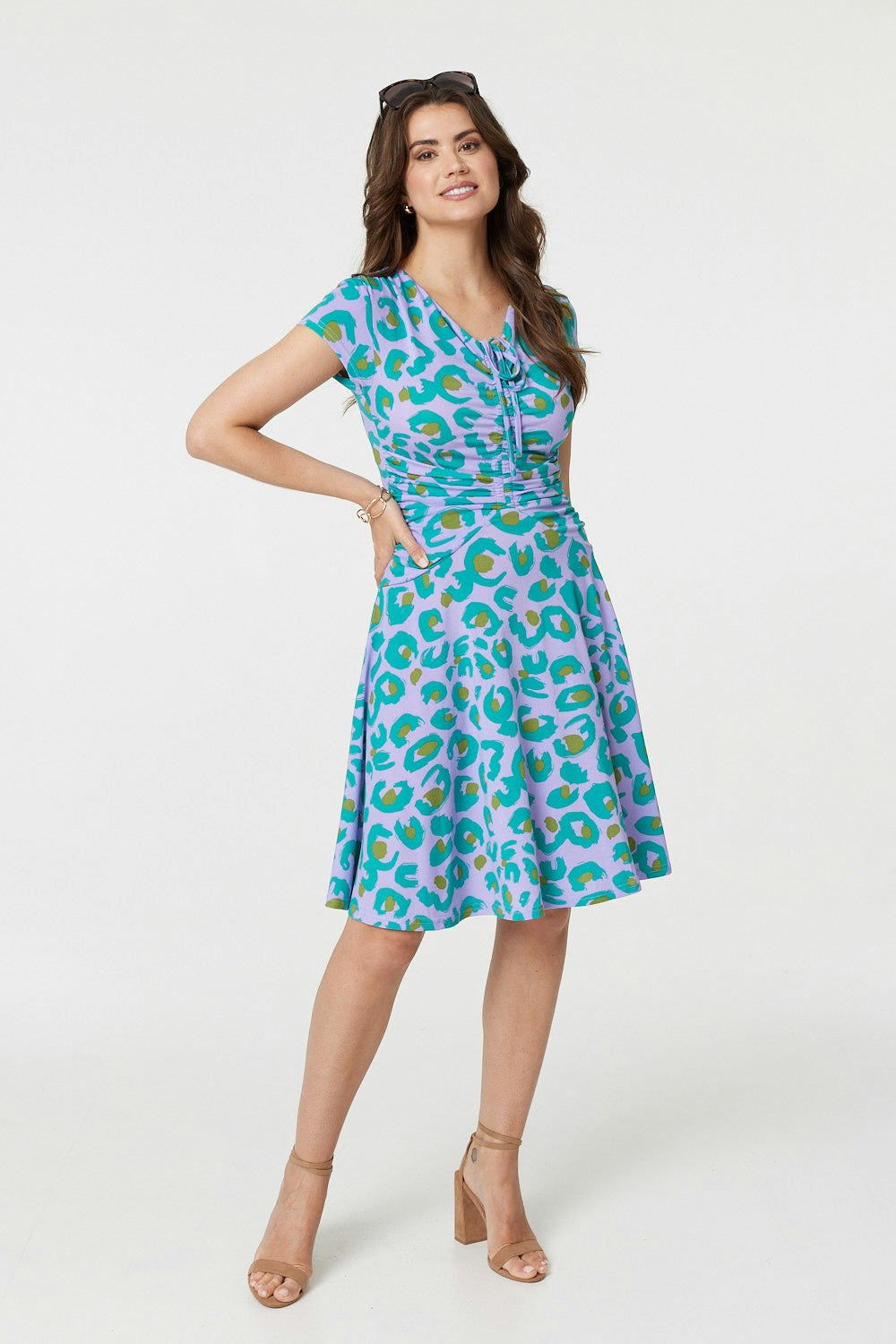 Izabel London Purple Animal Print Ruched Front Jersey Dress - 16