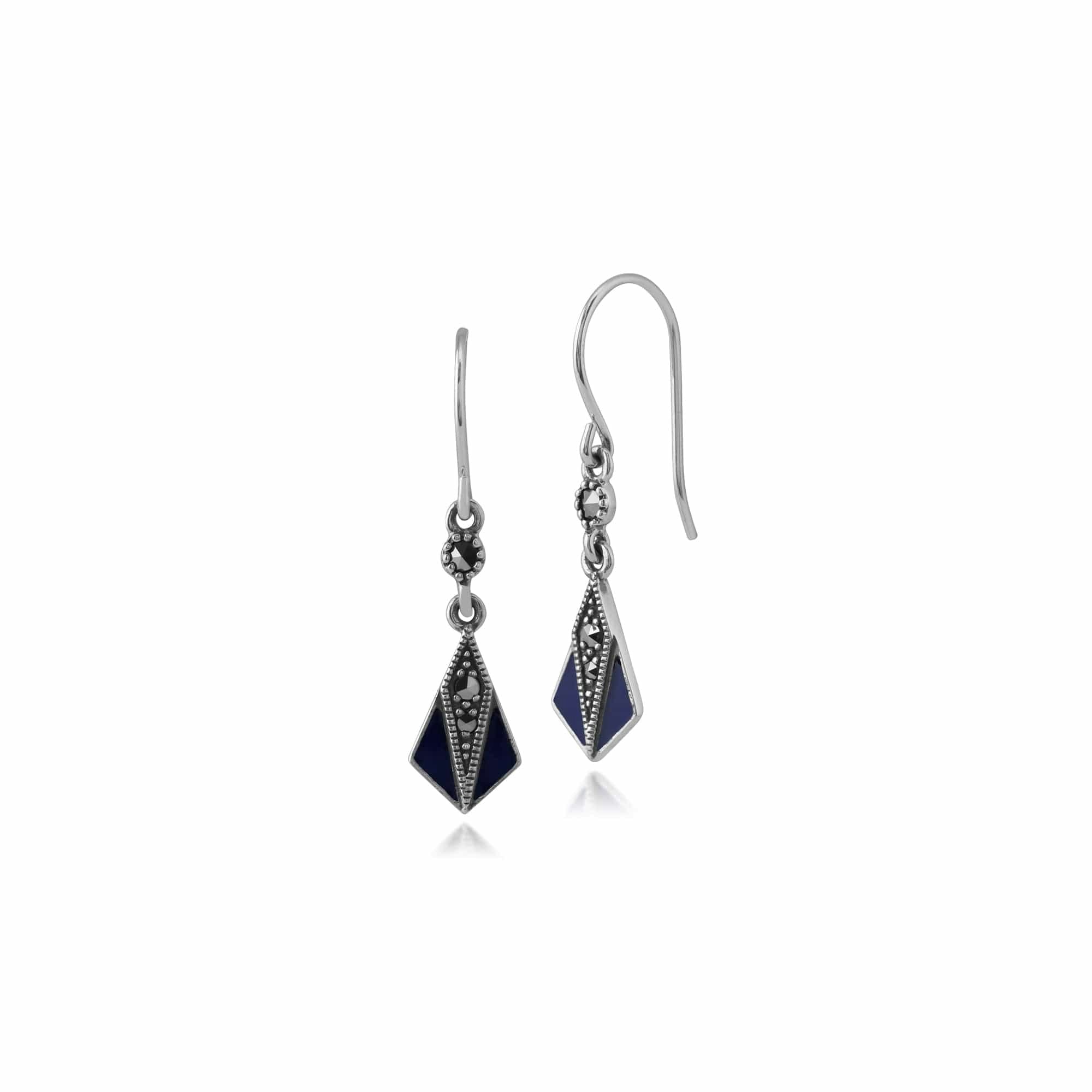 Gemondo Blue/Silver Art Deco Style Round Marcasite & Enamel Fan Drop Earrings In 925 Sterling - Sterling Marcasite & Enamel Art Deco Drop Earrings