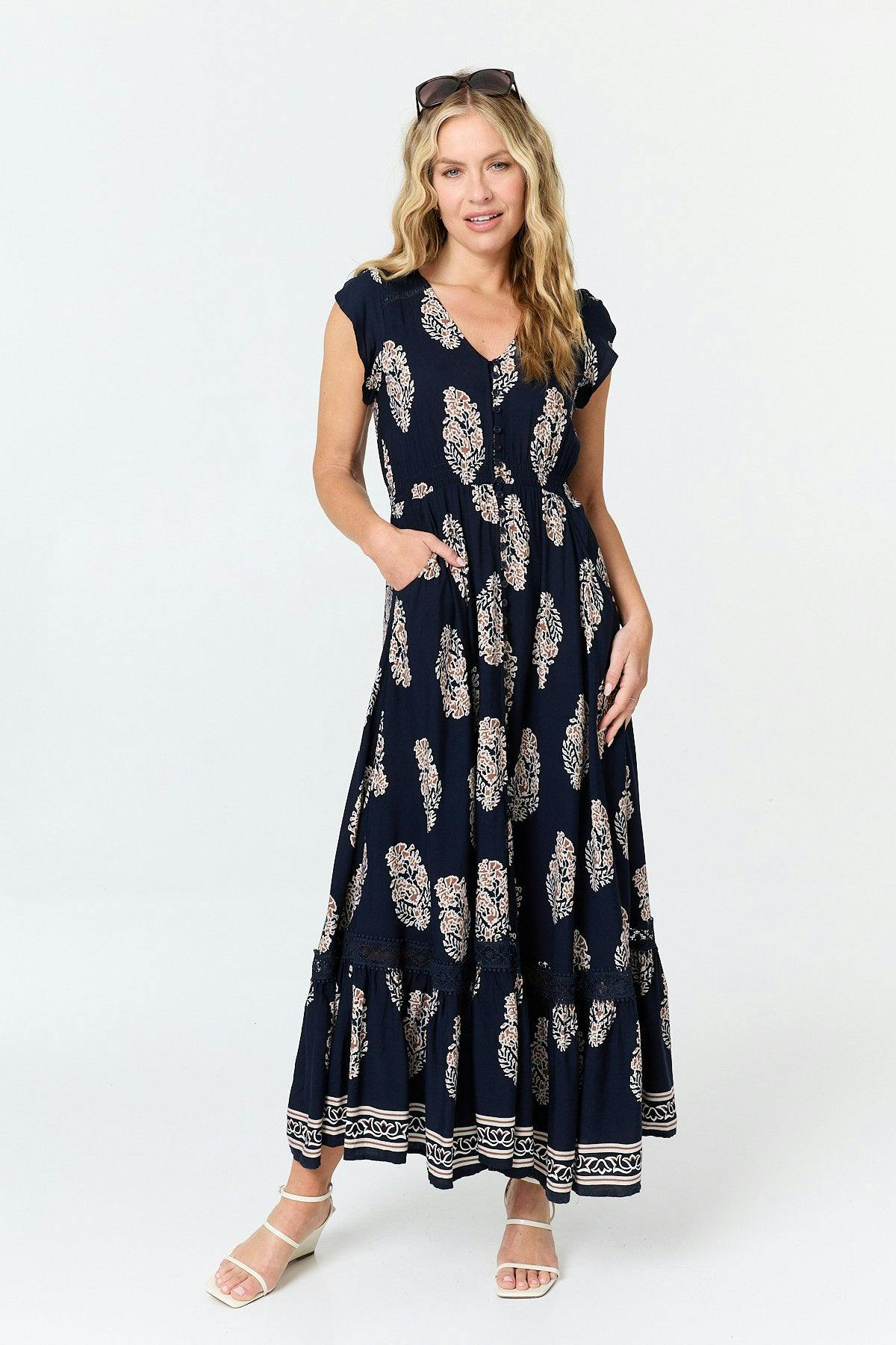 Izabel London Printed Cap Sleeve V-Neck Maxi Dress - 10 - Navy