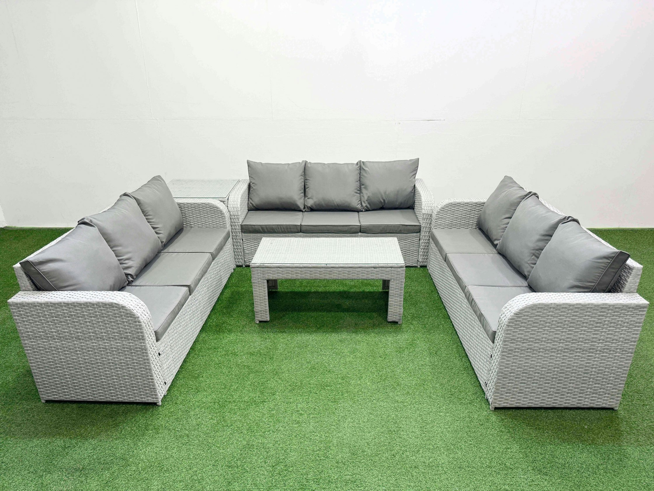 Rackhams Light/Grey Pe Rattan Lounge Sofa Set 9 Seater Outdoor Garden Furniture Set With Oblong Coffee Table 3 Seater Sofa Side Table