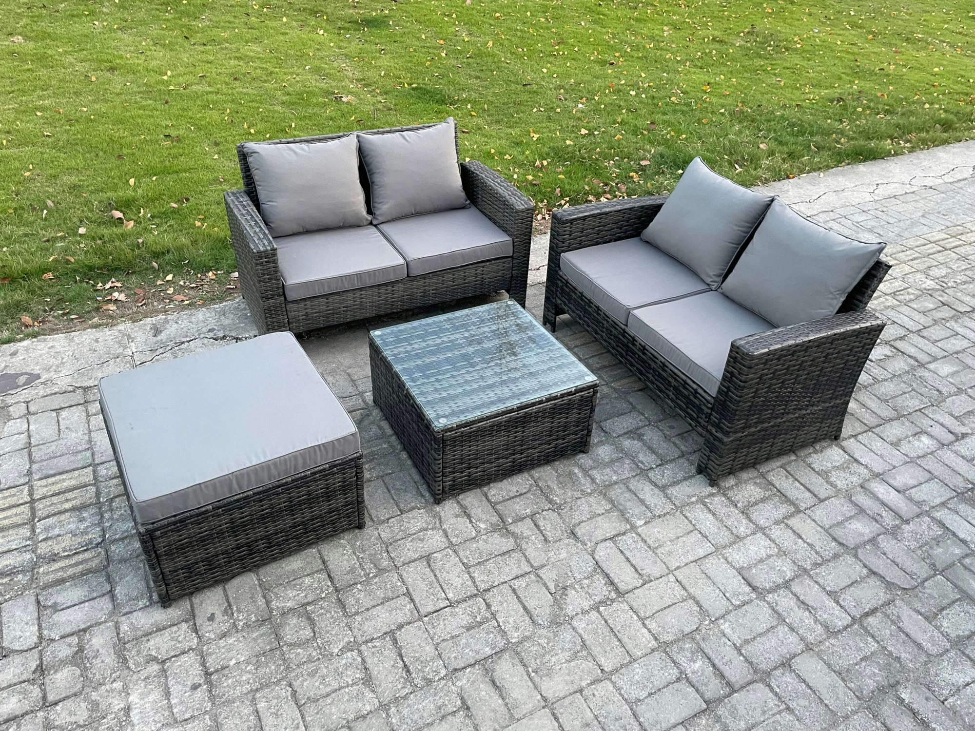 Fimous Dark/Grey Rattan Garden Furniture Set 4 Piece Patio Rattan Furniture Sofa Weaving Wicker Includes 2 Double Seat Sofa, Coffee Table And Big Footstool