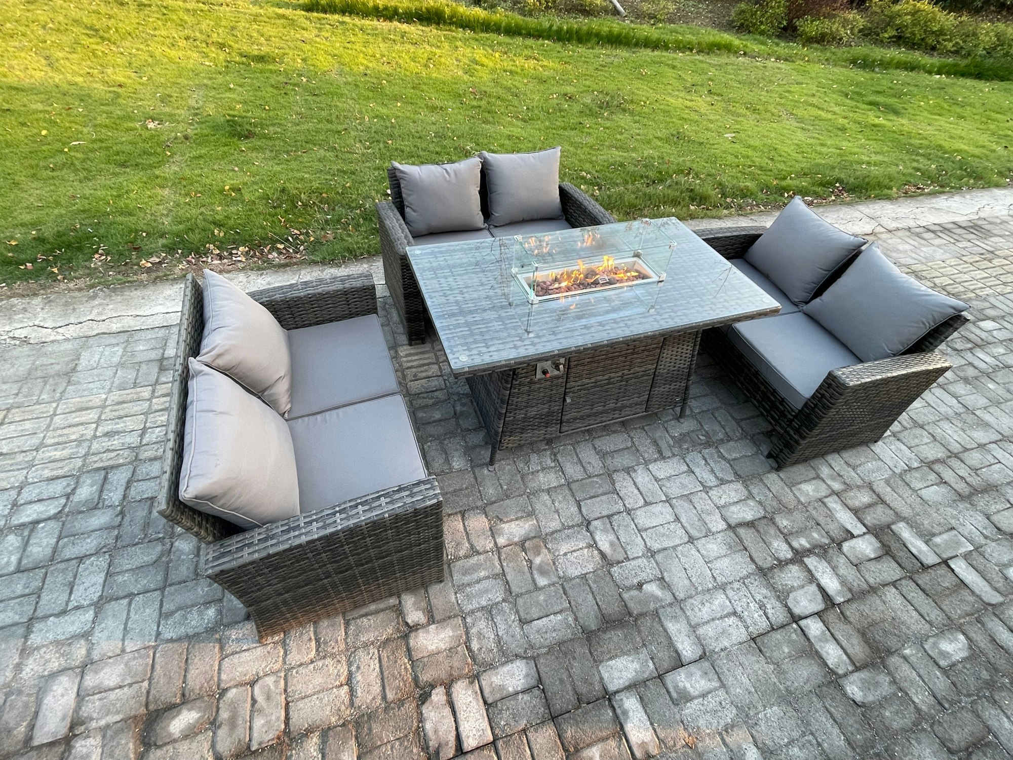 Fimous Dark/Grey Outdoor Garden Dining Sets 6 Seater Rattan Patio Furniture Sofa Set With Gas Fire Pit Table Double Seat Sofa Mixed