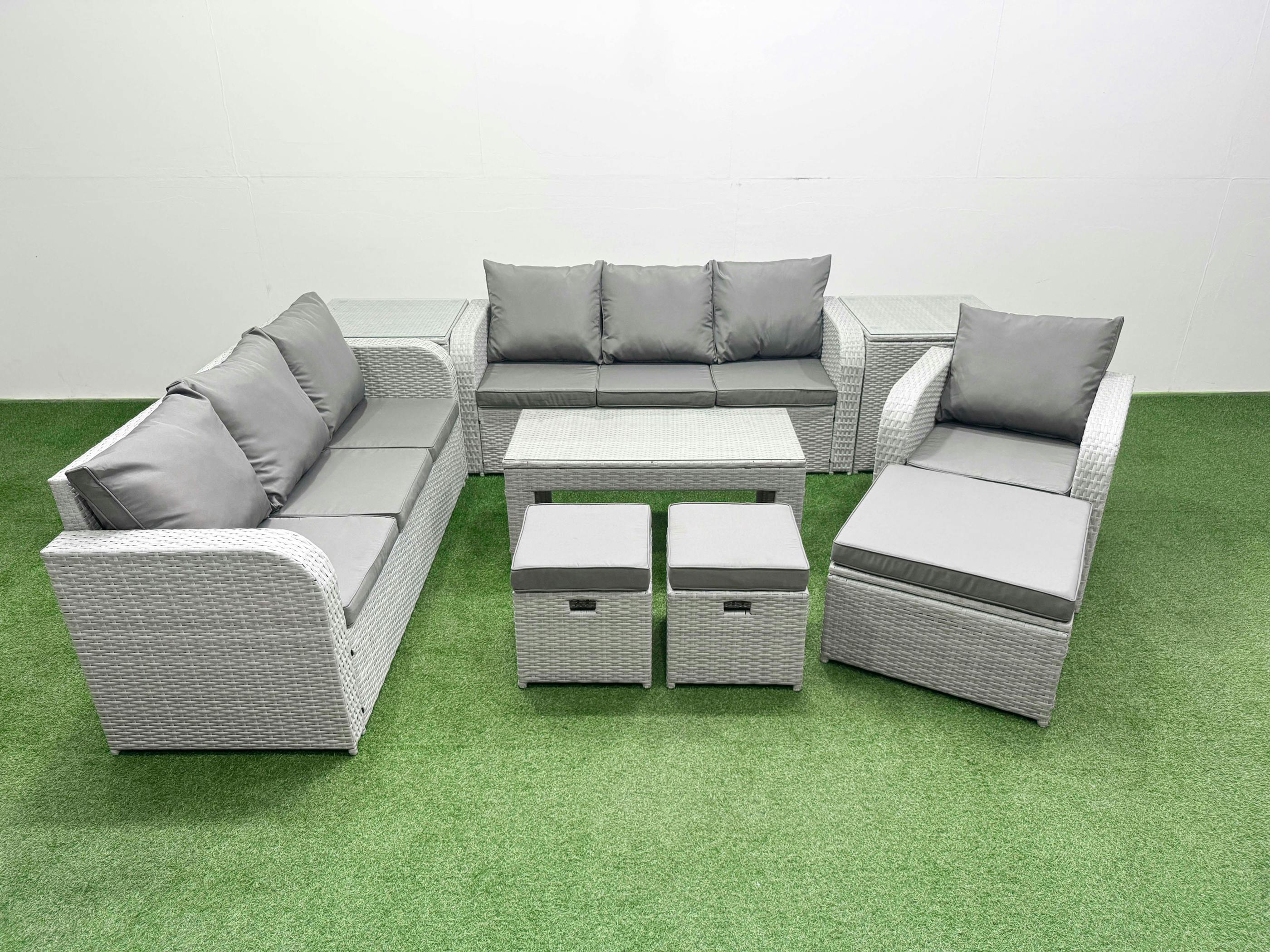 Rackhams Light/Grey 10 Seater Rattan Garden Furniture Set With Coffee Table, 2 Sofas, 1 Reclining Chair, 3 Footstools & 2 Side Tables