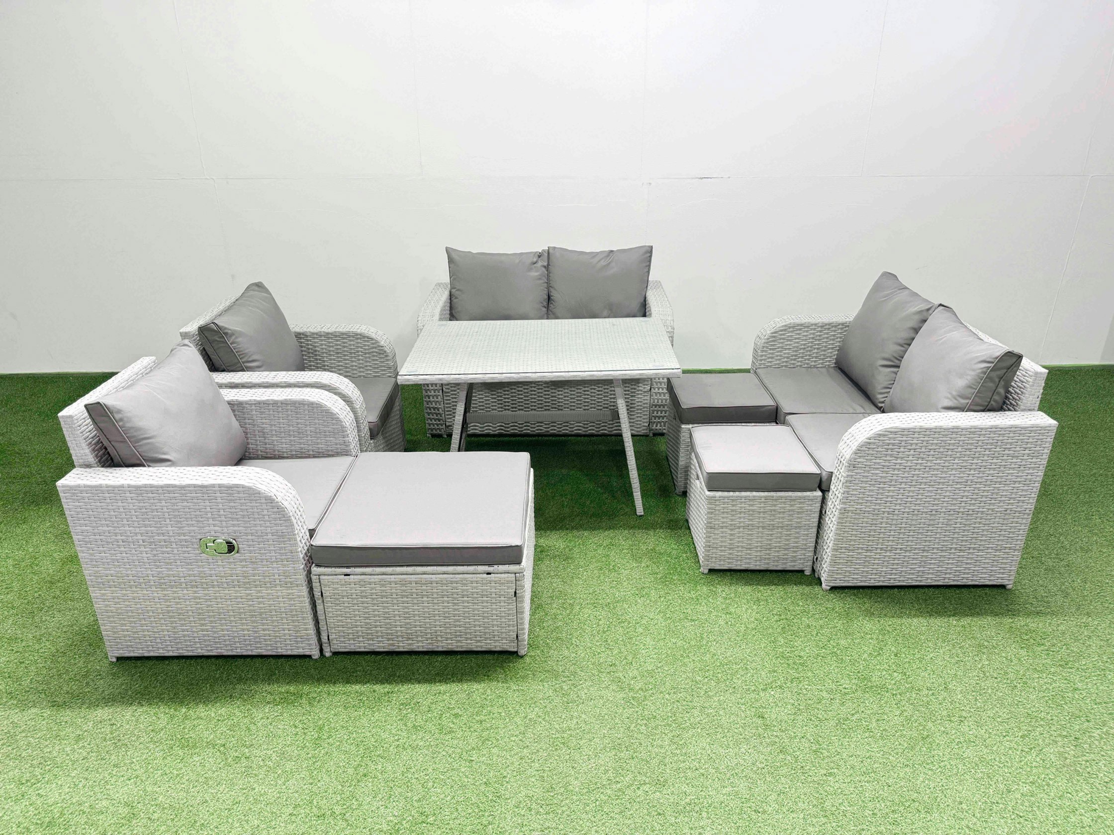 Rackhams Light/Grey 9 Seater Rattan Garden Furniture Set Outdoor Love Sofa Set With Rectangular Dining Table 3 Footstools