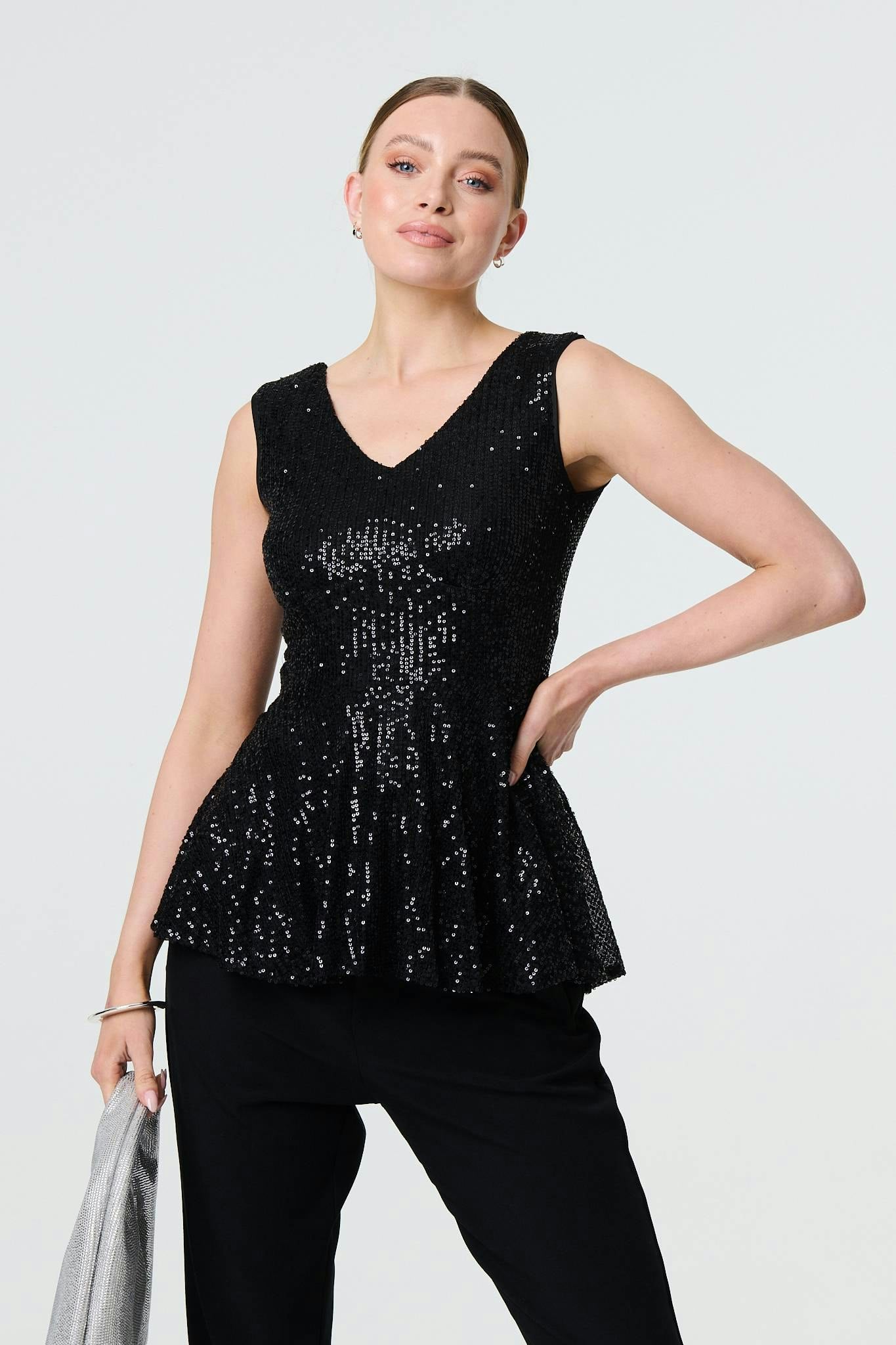 Izabel London Black Sparkly Sequin Sleeveless Peplum Top - 12