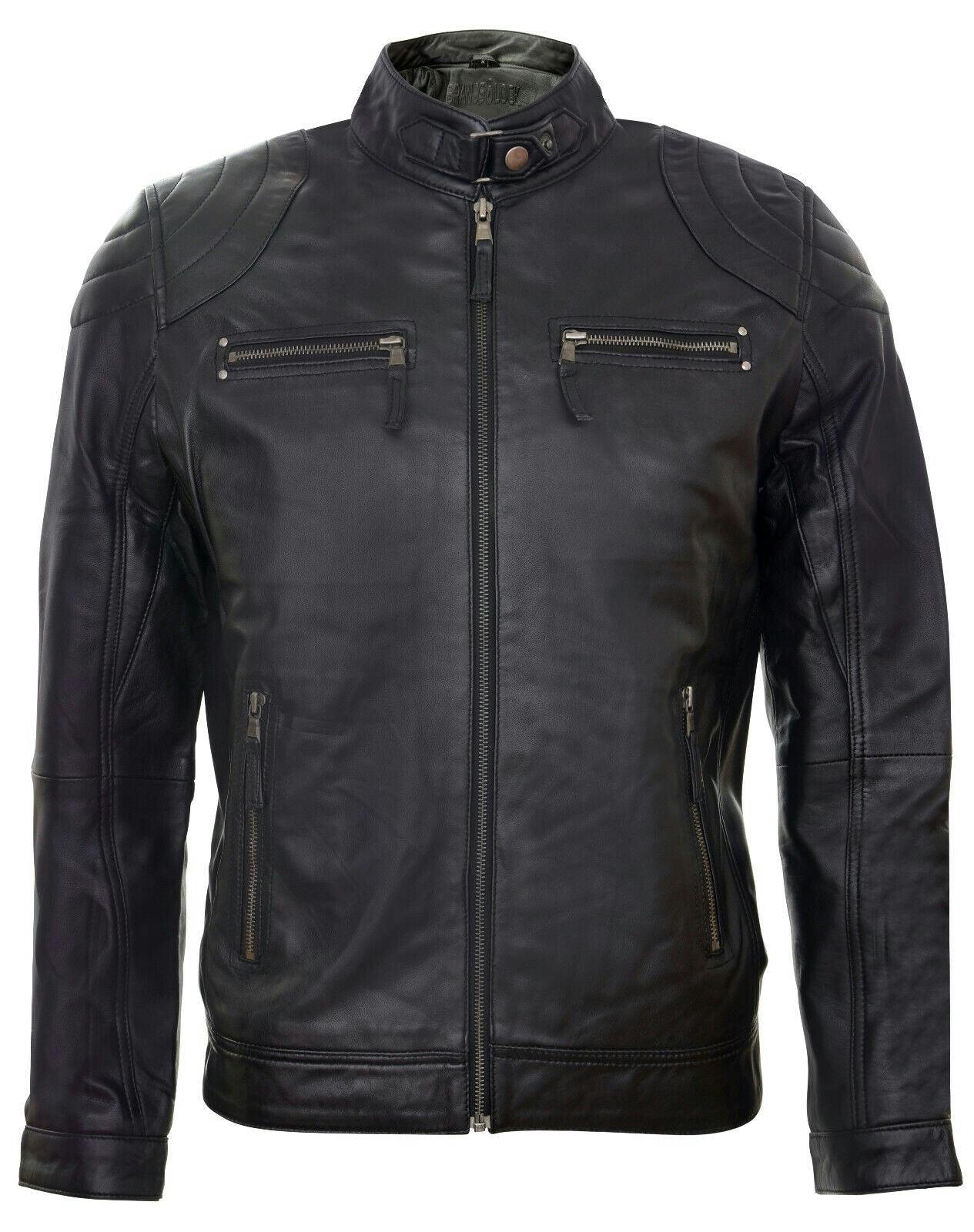 Infinity Leather Men's Black Leather Biker Vintage Zipped Racing Jacket - Uk Xl | Eu 52 | Us 42