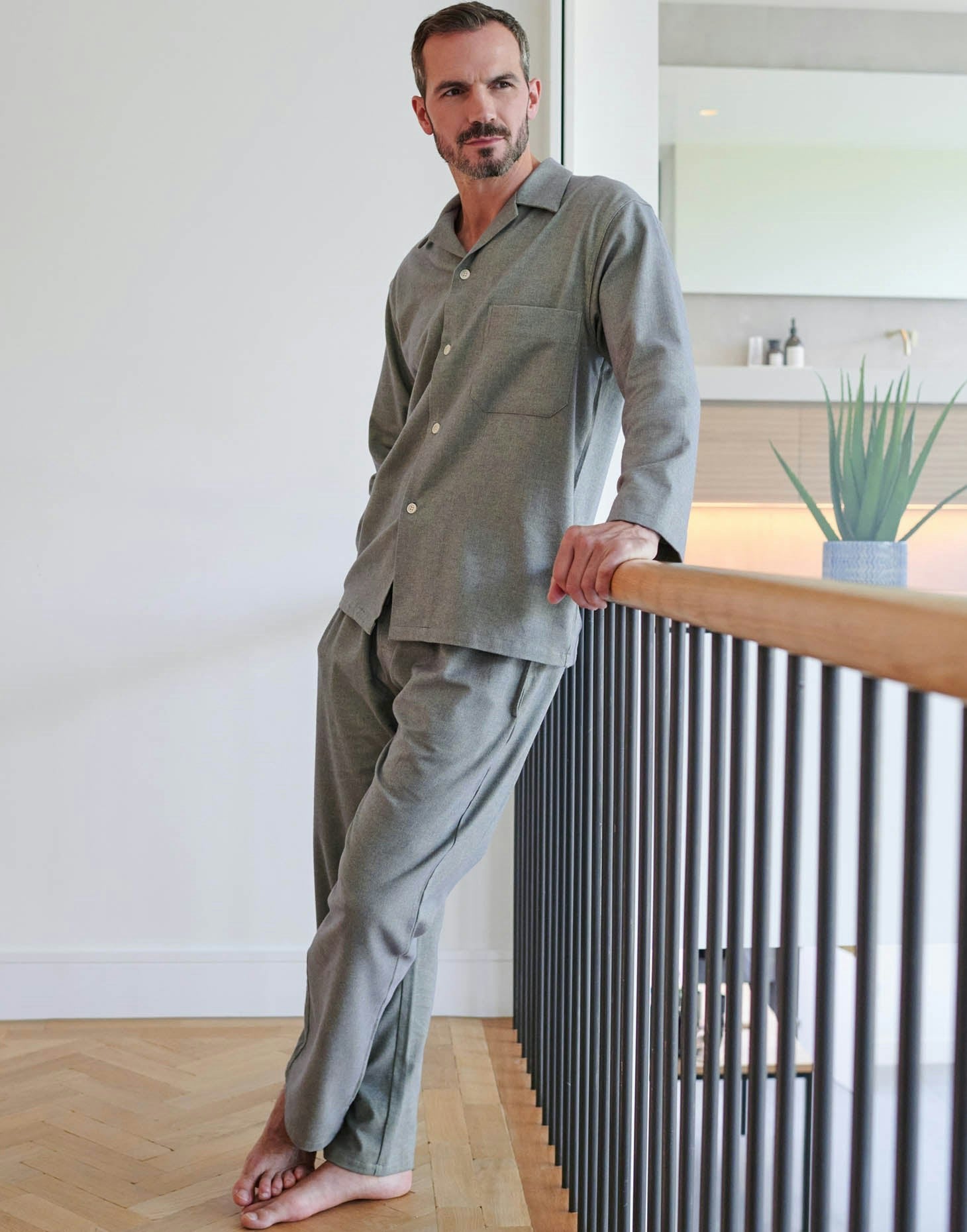 British Boxers Men's Grey/Green Brushed Cotton Pyjama Set – Orkney Herringbone - XX-Large