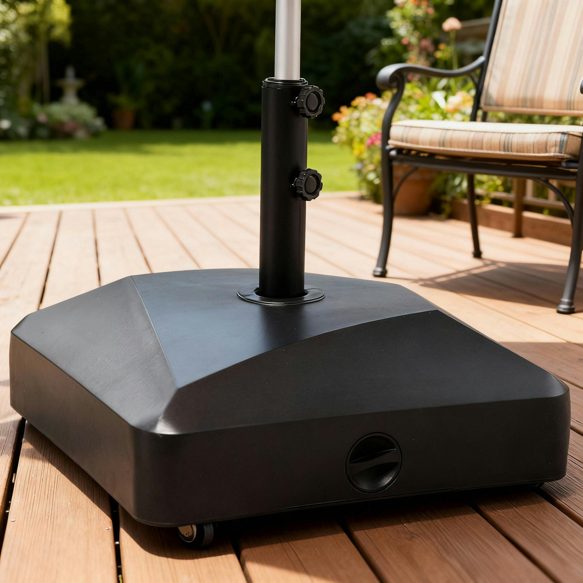 Rackhams Black Garden Parasol Base Holder, 43Kg Water Or 60Kg Sand Filled, Outdoor Market Umbrella Stand Weight With Wheels And Brakes,