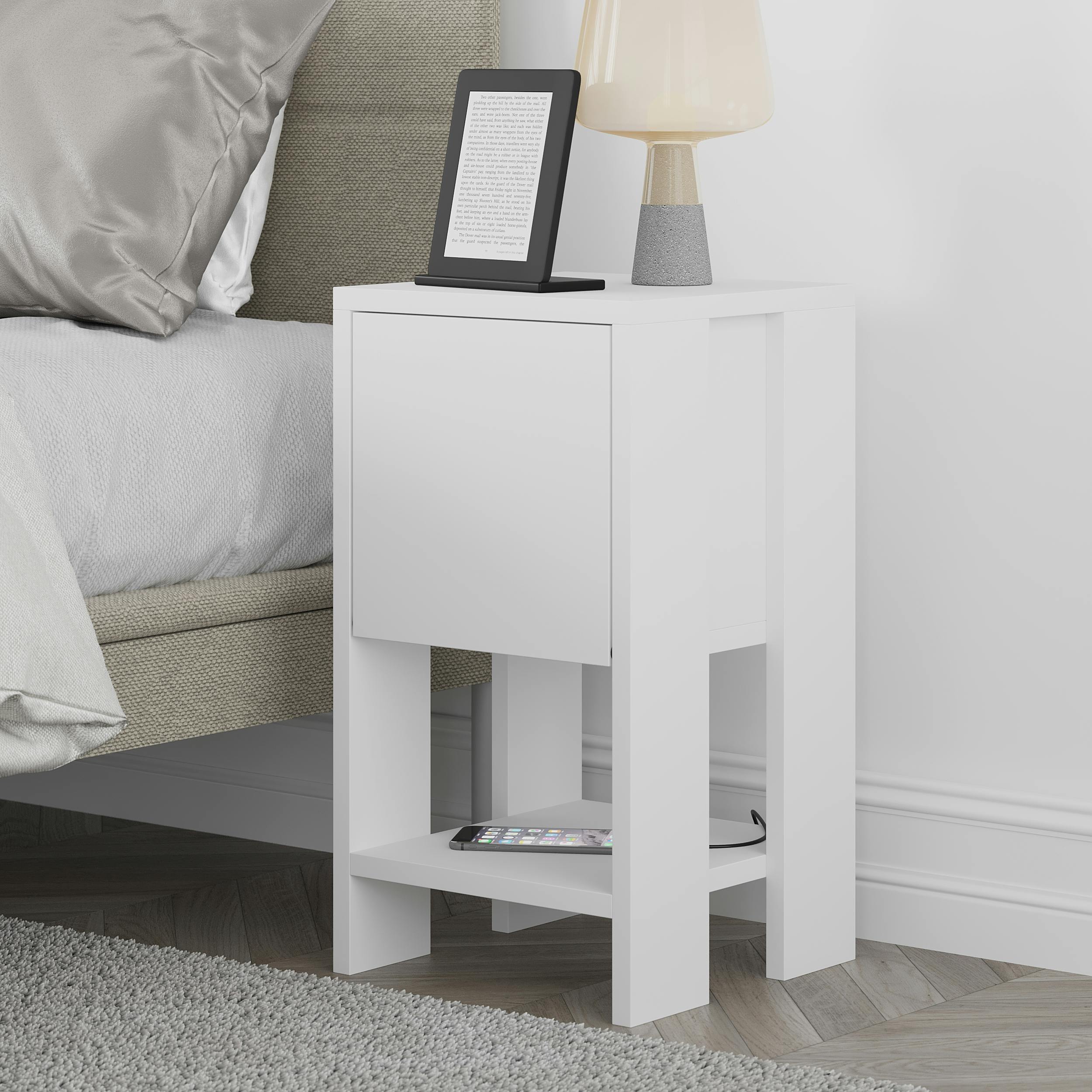 Rackhams White Ema Modern Bedside Table With Storage Drop-Door Cabinet 30Cm Width