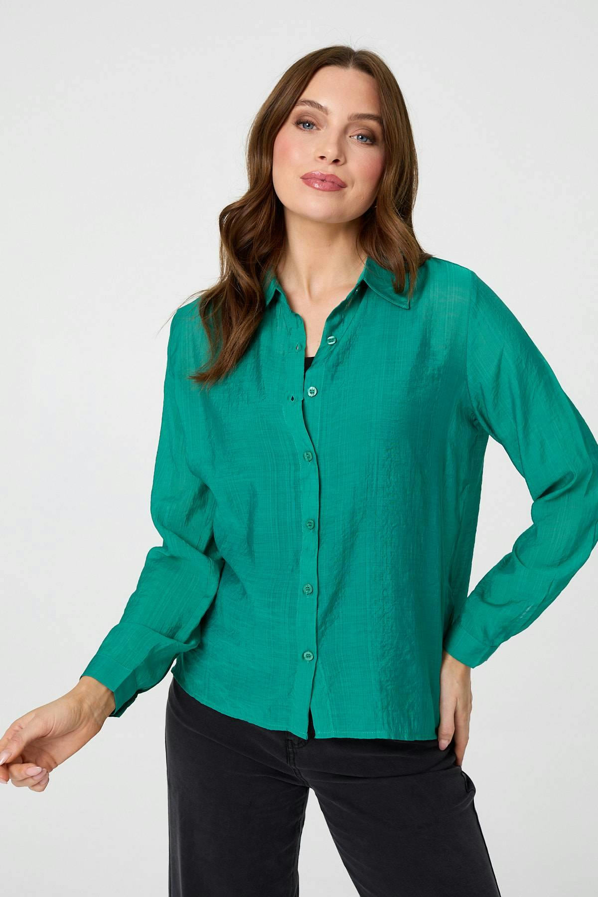 Izabel London Green Long Sleeve Button Front Shirt - 8