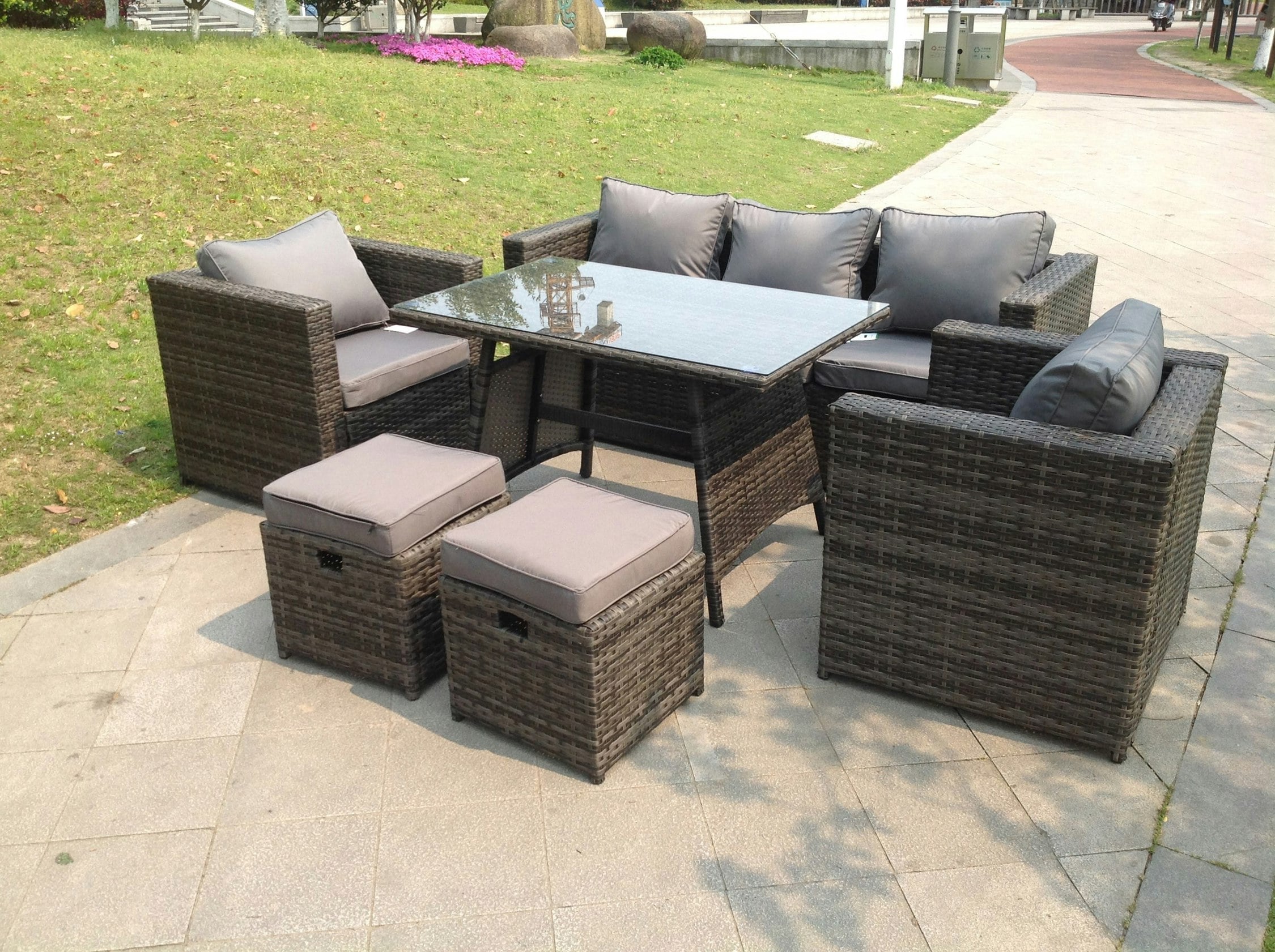 Fimous Dark/Grey Mixed Rattan Garden Outdoor Sofa Set Chairs Rectangular Dining Table 2 Small Footstools 7 Seater