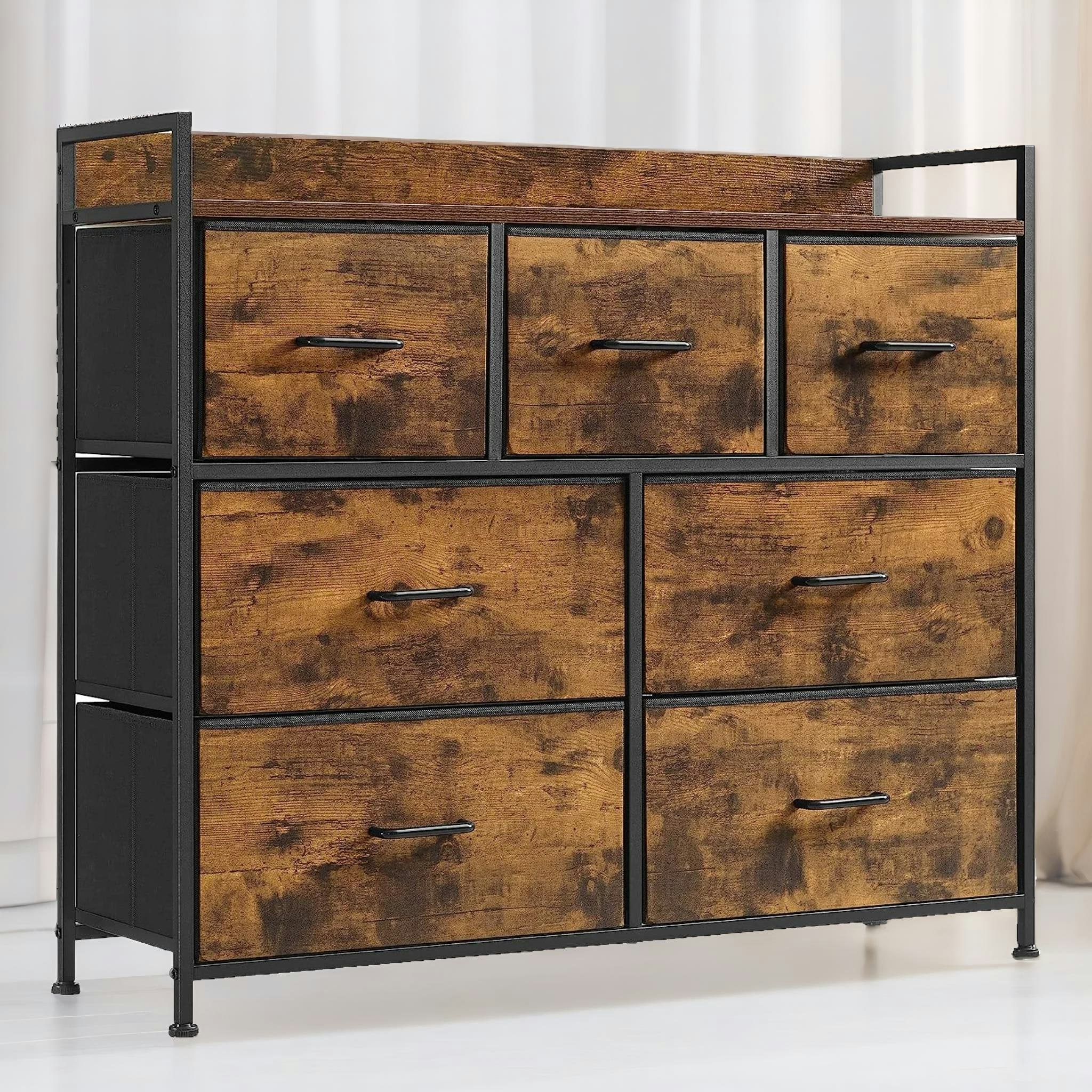 Rafaelo Mobilia Brown Industrial Rustic Chest With 7 Fabric Drawers