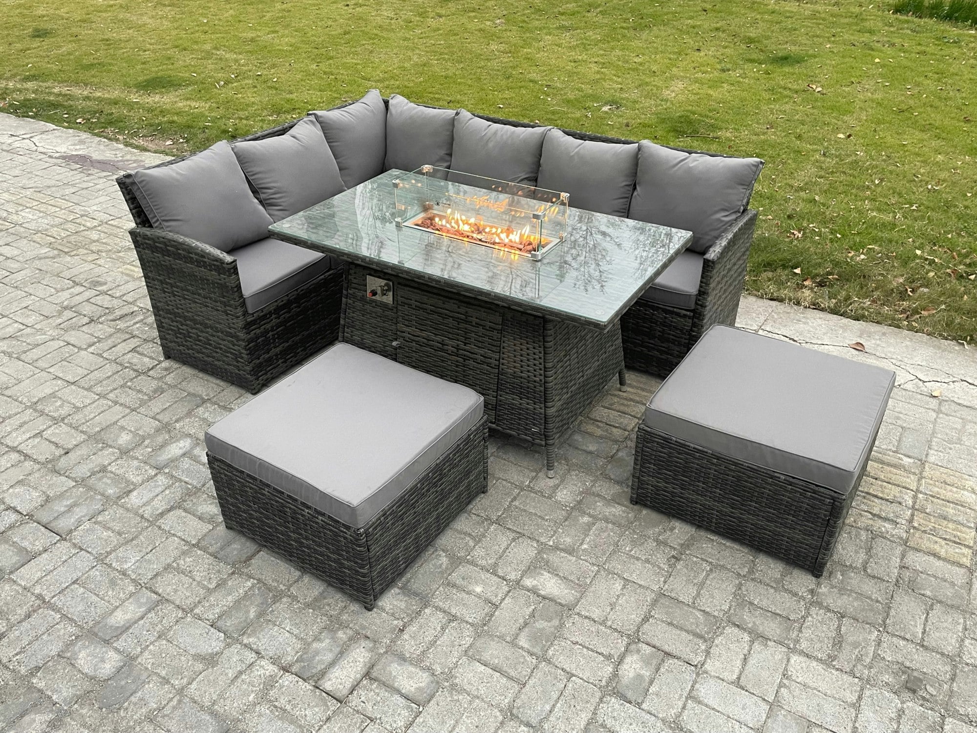 Rackhams Dark/Grey 8 Seater Rattan Garden Furniture High Back Corner Sofa Gas Fire Pit Dining Table Sets Gas Heater With 2 Big Footstool Mixed