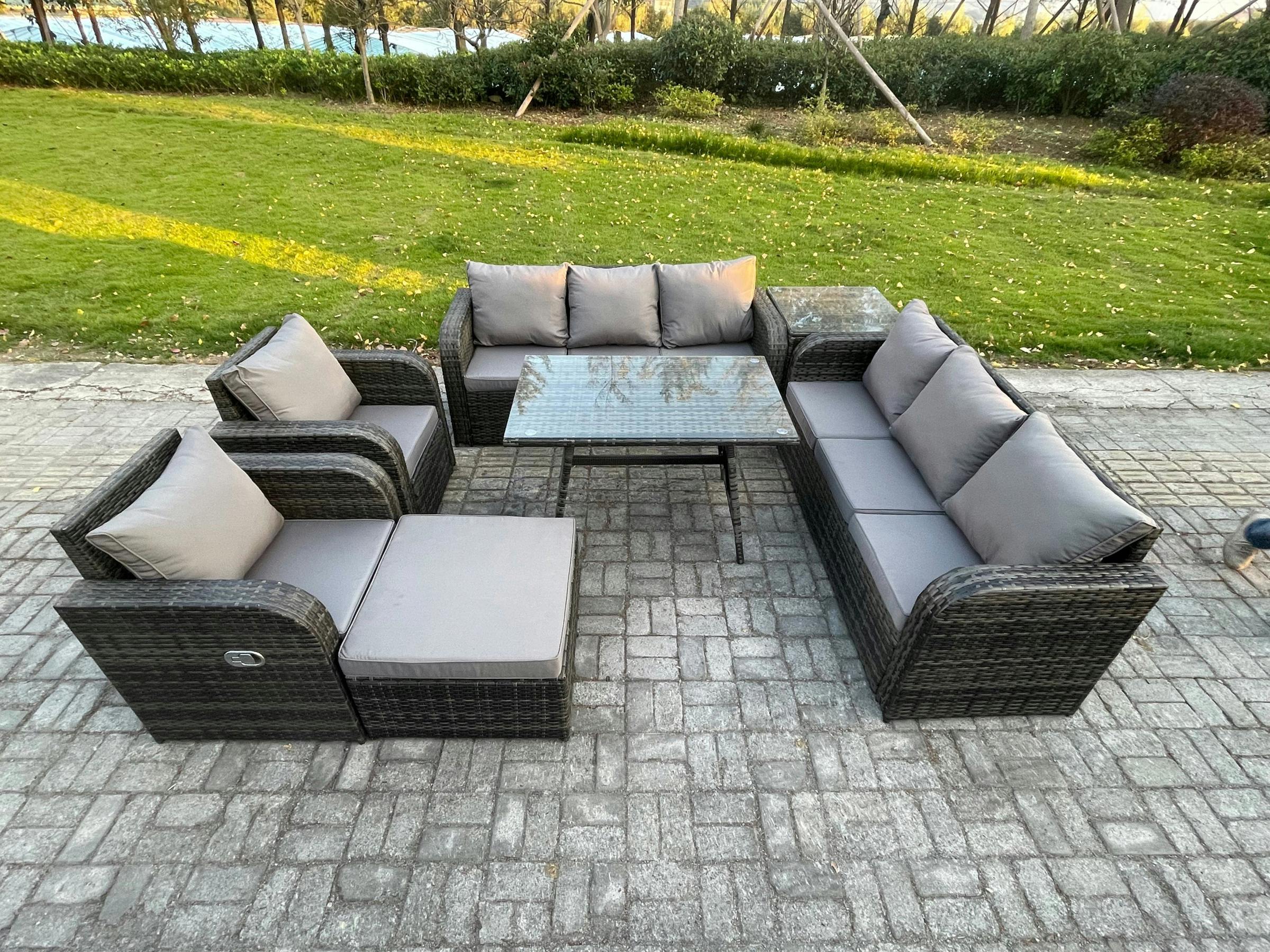 Fimous Dark/Grey 9 Seater Rattan Garden Furniture Set With Dining Table, 2 Sofas, 2 Reclining Chairs, 1 Footstool & 1 Side Table