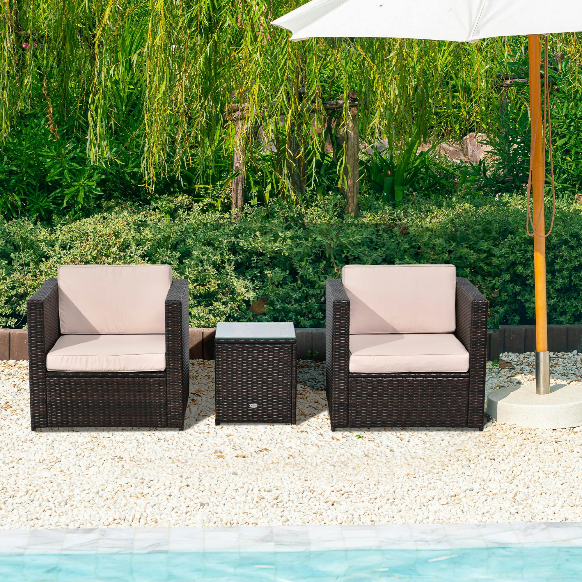 Rackhams 3Pcs Patio 2 Seater Rattan Garden Furniture Set Coffee - Thick Padded Cushions
