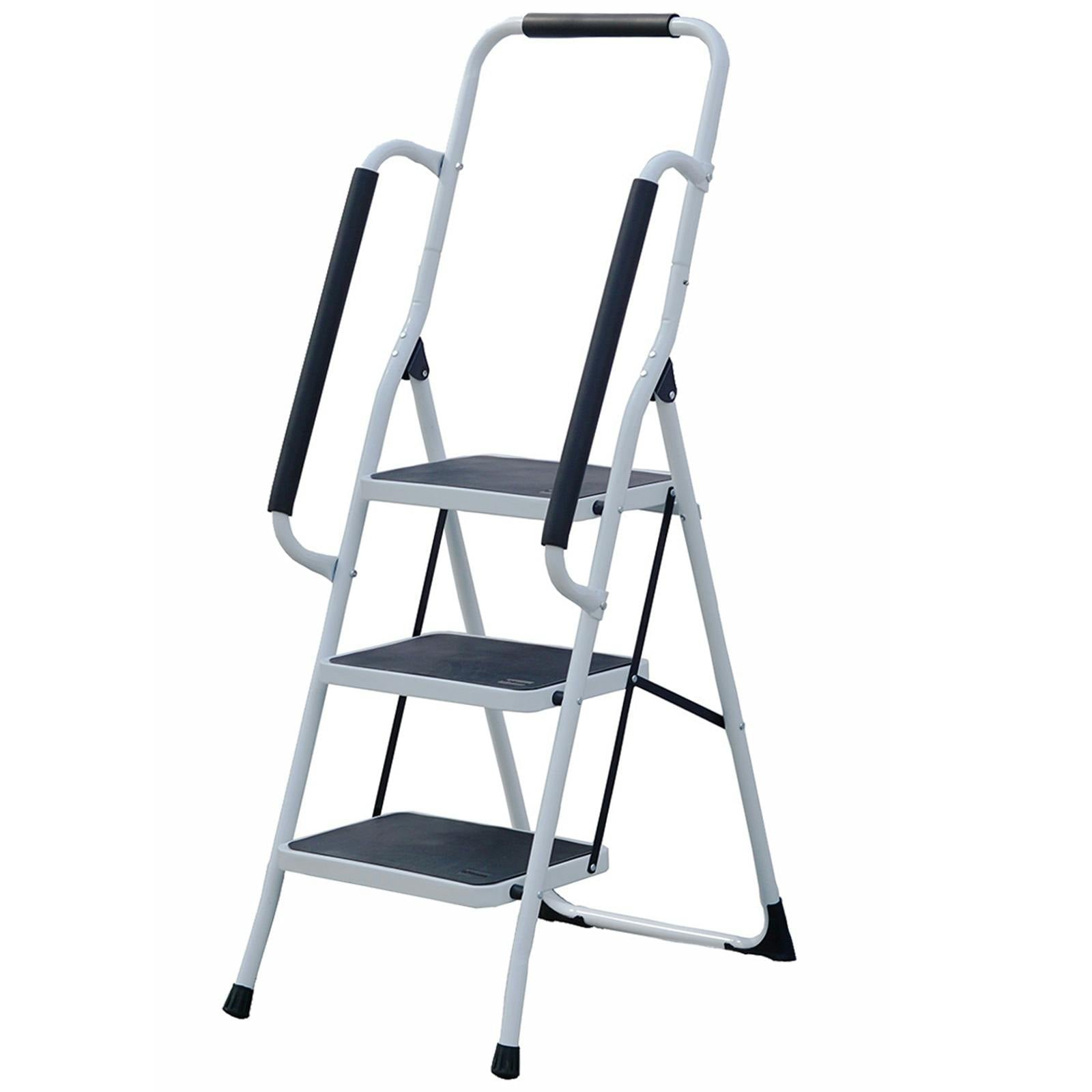 Gr8 Home 3 Step Ladder Folding Stool Non Slip Tread Steel Foldable Home Diy With Handrail