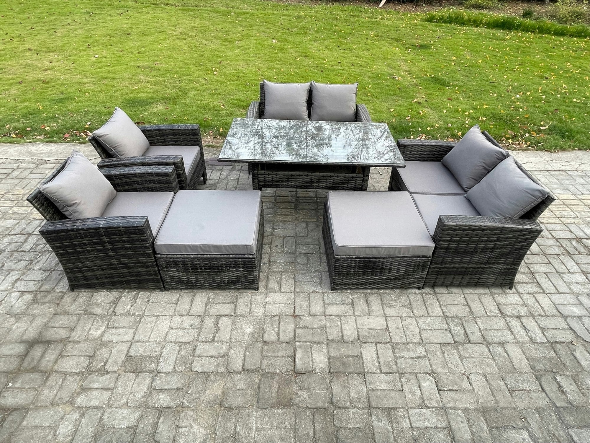 Fimous Dark/Grey 8 Seater High Back Outdoor Garden Furniture Rattan Sofa Dining Table Set With Armchair 2 Big Footstool Mixed