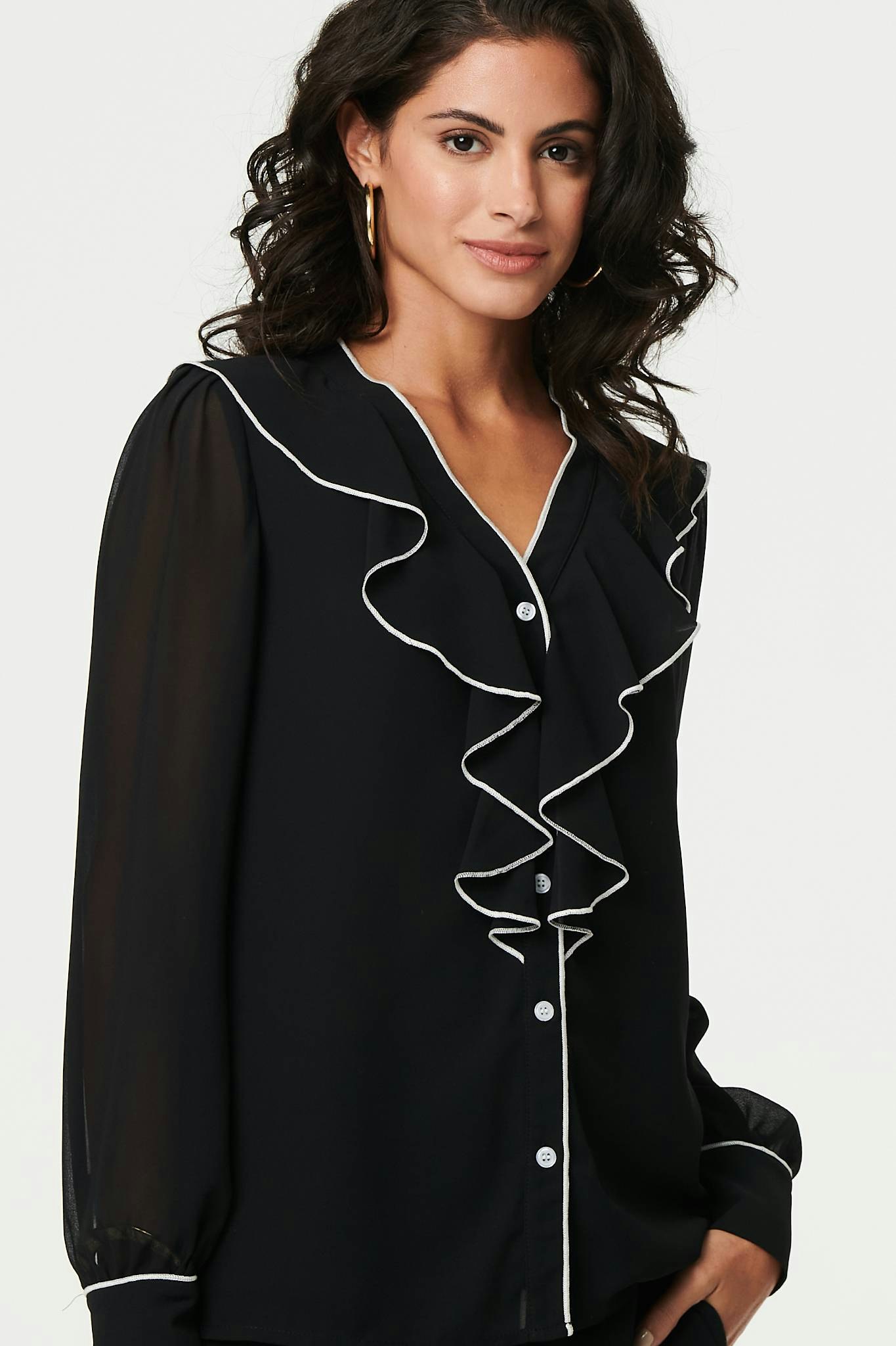 Izabel London Black Contrast Trim Semi Sheer Ruffled Blouse - 12