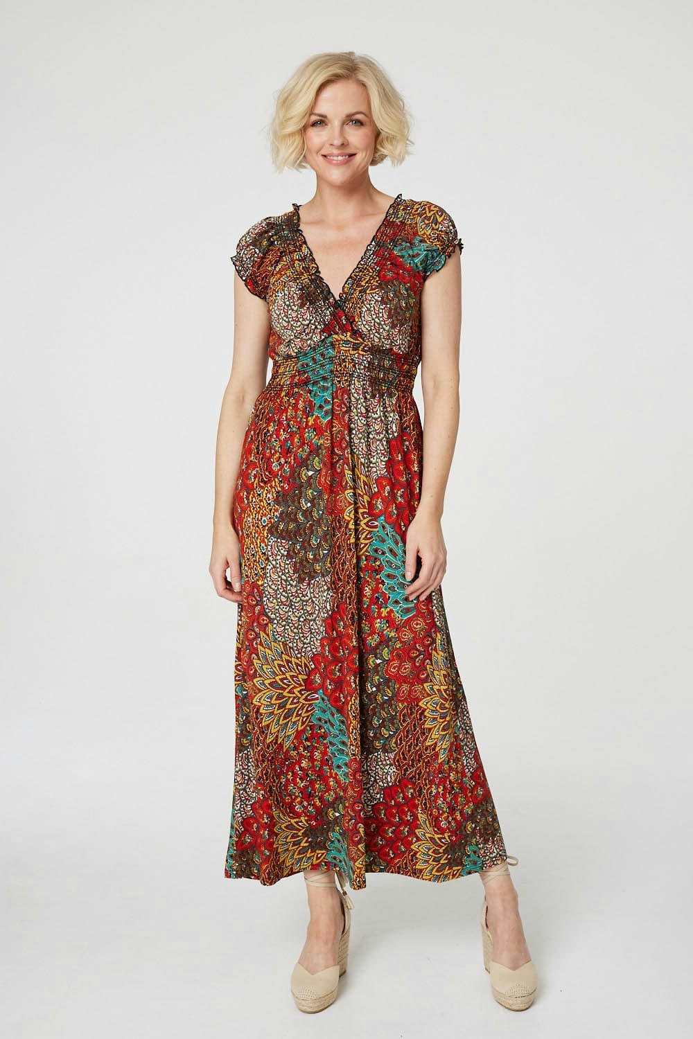 Izabel London Orange Peacock Print V-Neck Maxi Dress - 10