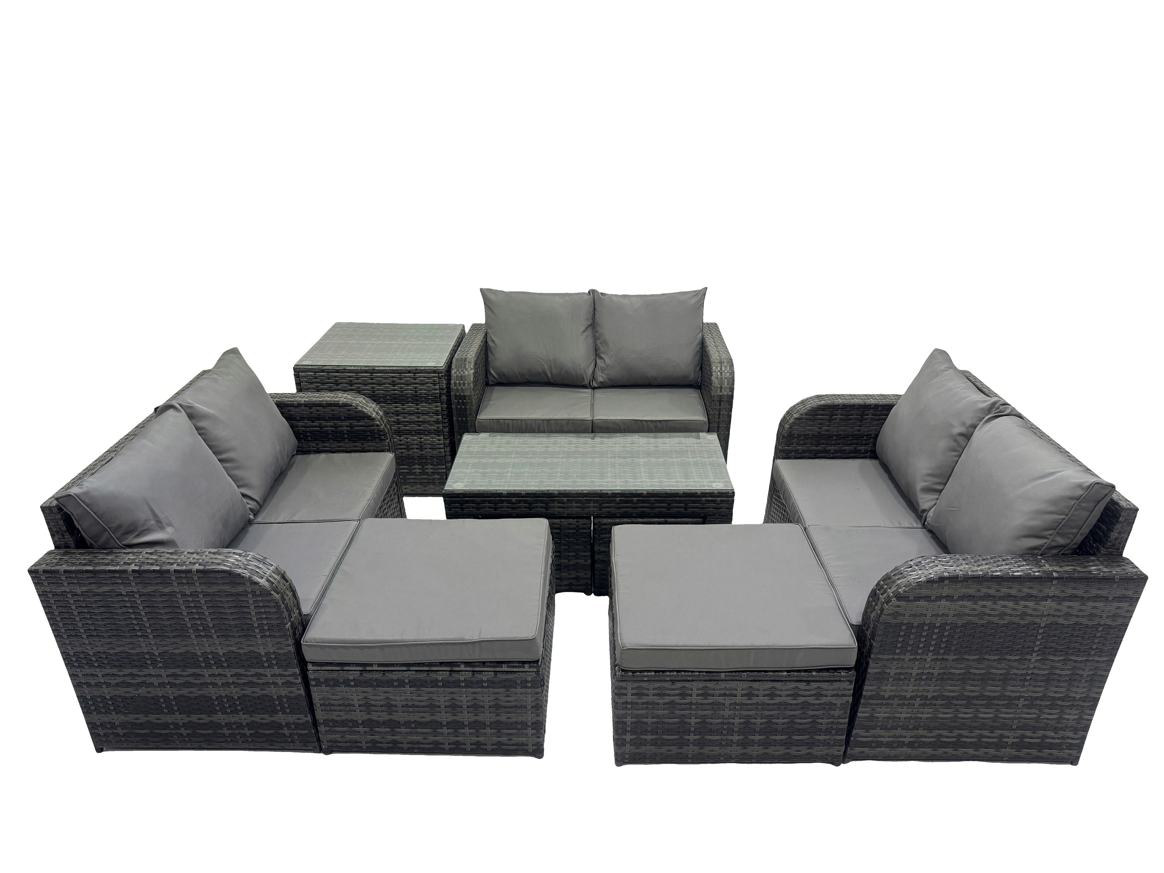 Rackhams Dark/Grey 3 Seater Sofa Reclining Chair Coffee Table Set Rattan Garden Outdoor Furniture Set With Side Table 2 Big Footstools Mixed
