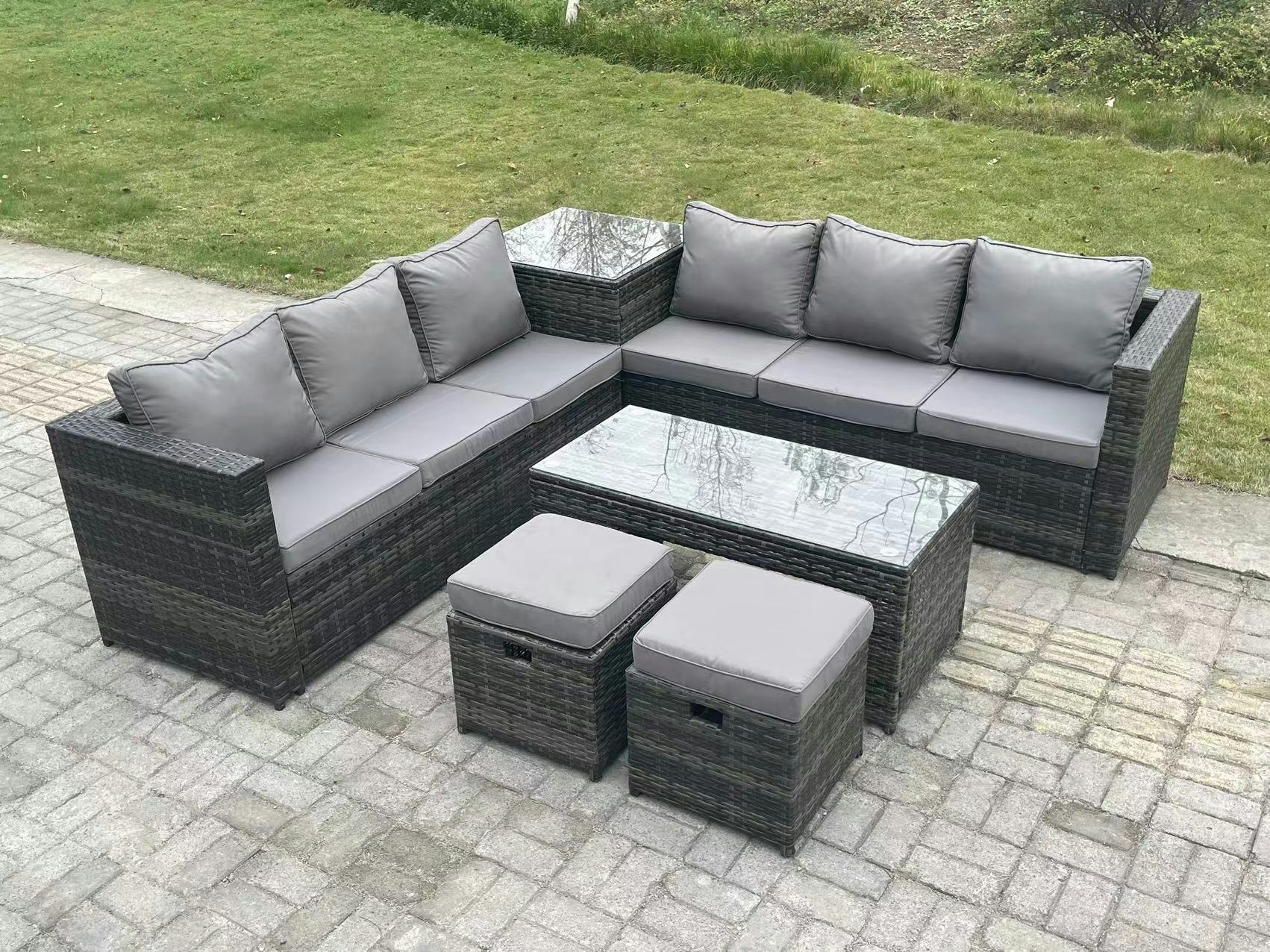 Rackhams Dark/Grey Seater Rattan Corner Sofa Set With Square Side Table And Oblong Rectangular Coffee Tea Table 2 Stools Mixed Size 8