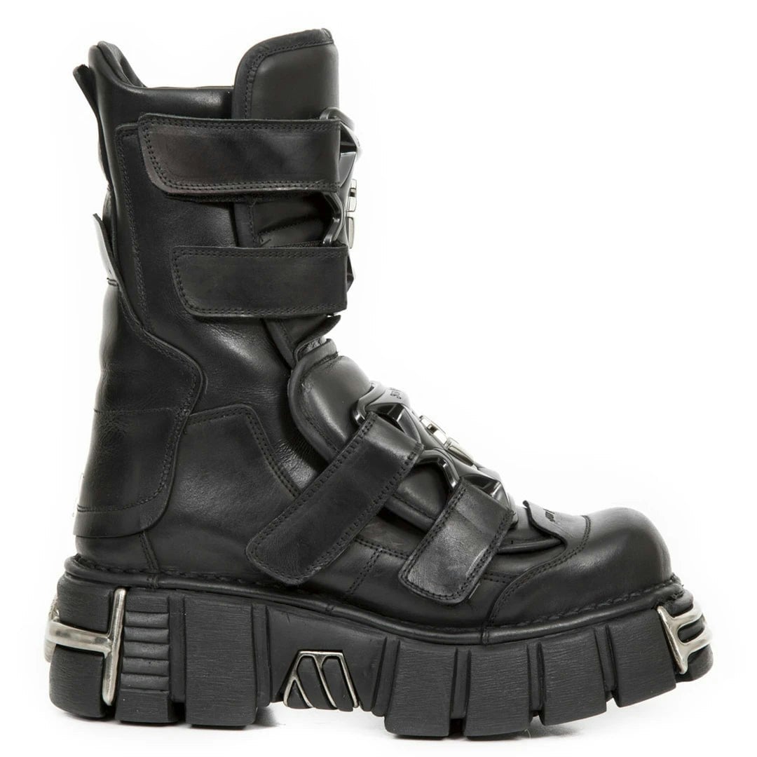 New Rock Unisex Black Boots M-422-S1 Metallic Leather Platform Gothic Boots - Eu 37