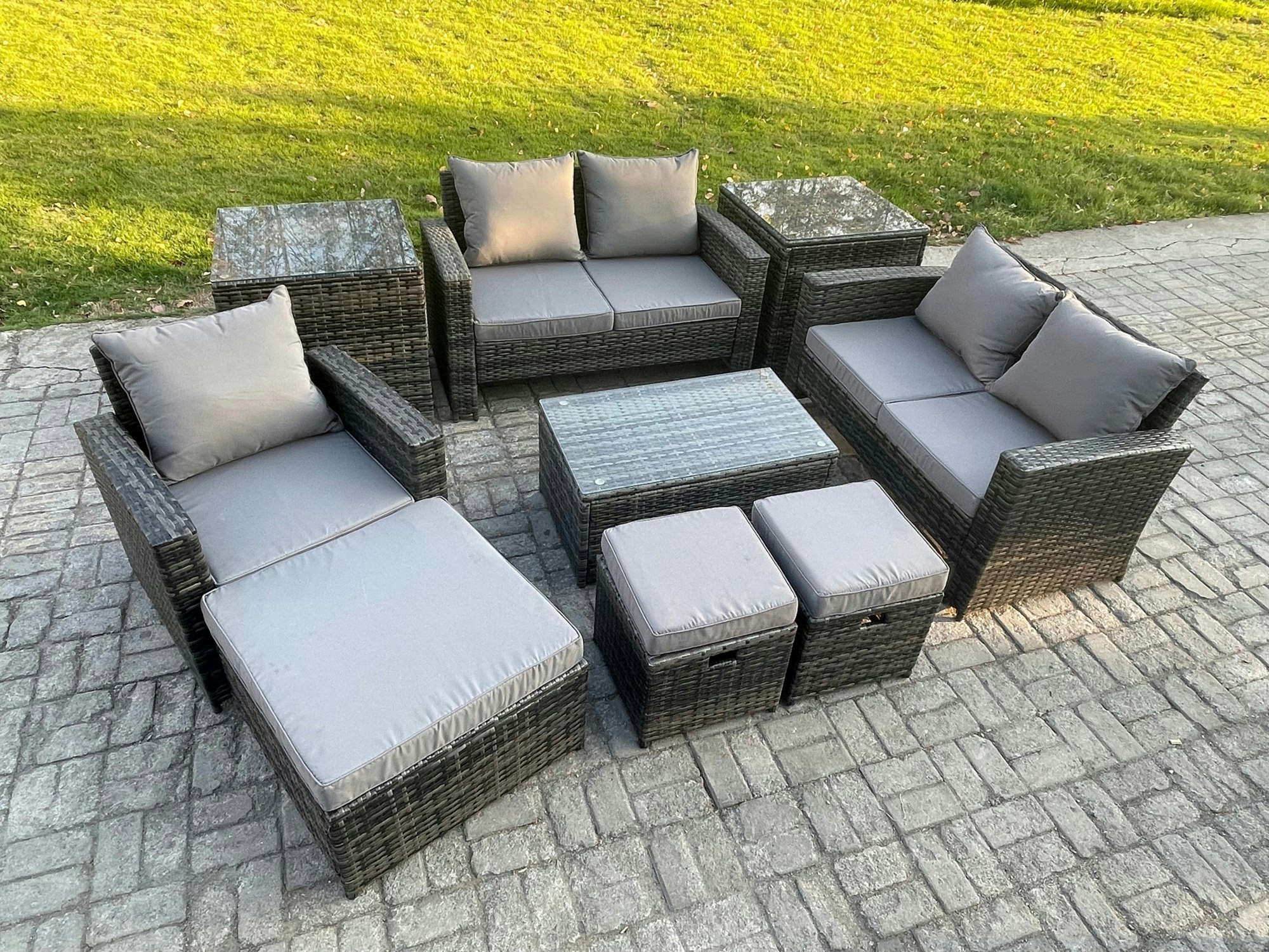 Fimous Dark/Grey 8 Seater Mixed Rattan Outdoor Lounge Set - Rectangular Coffee Table, 3 Footstools & 2 Side Tables