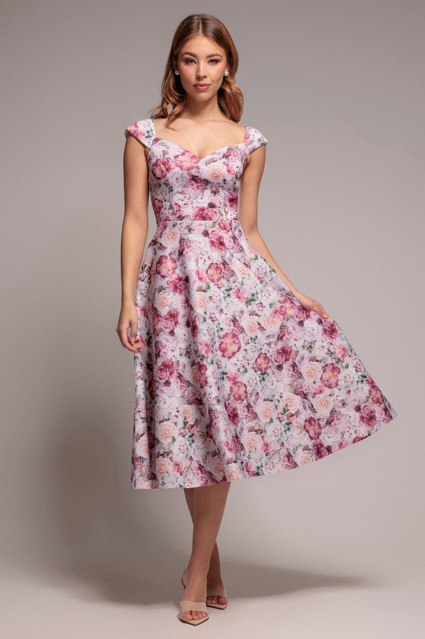 Goddiva Pink Floral Print A-Line Sweetheart Midi Dress - Blush By - Blush - 8
