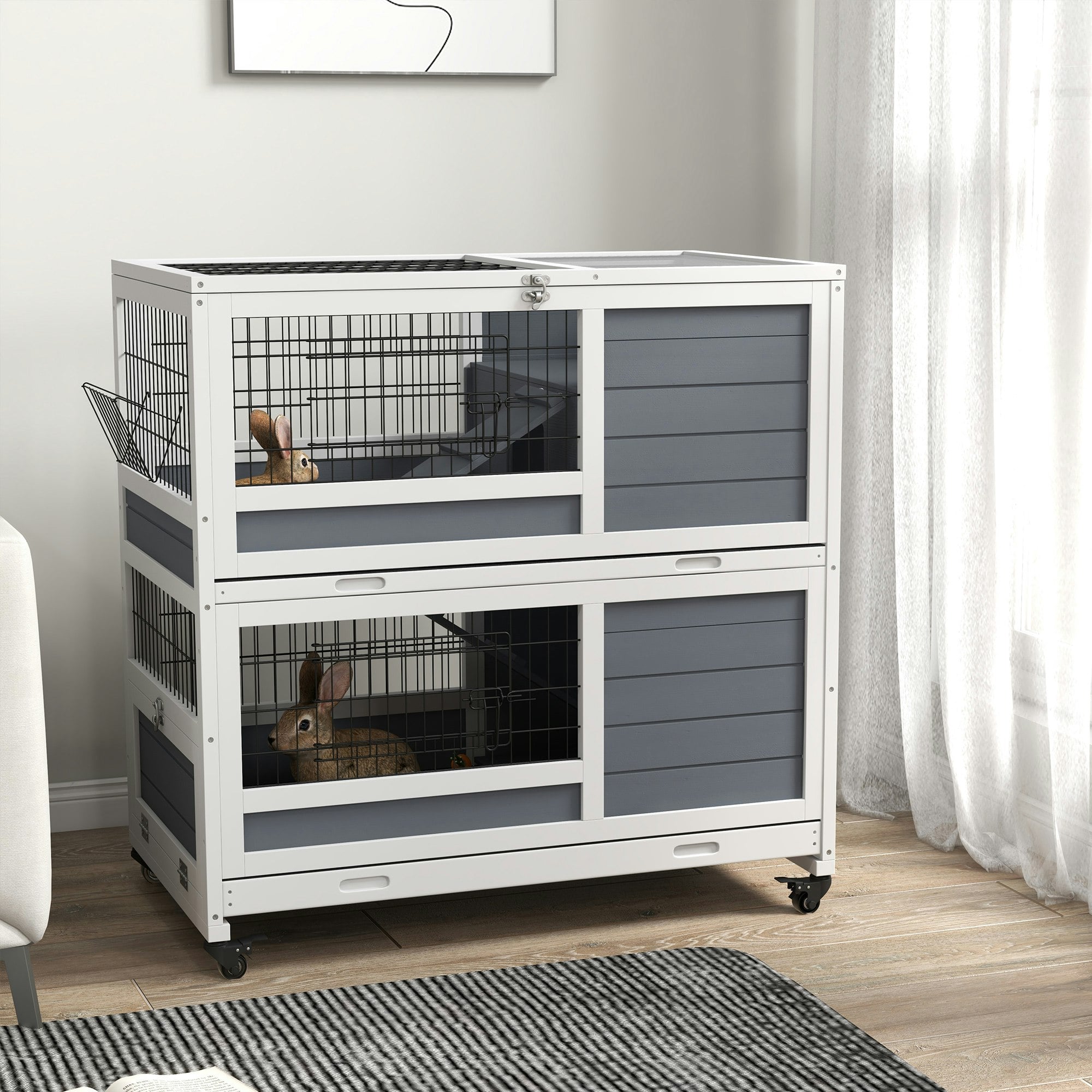 Pawhut Double Deckers Indoor Rabbit Hutch W/ Feeding Trough, Slide-Out Trays - Image 3