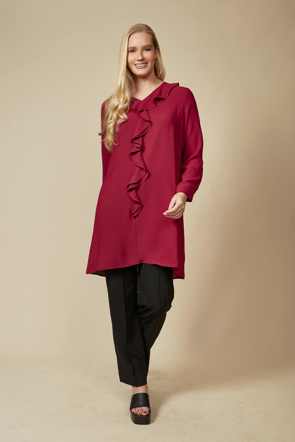 Hoxton Gal Burgundy/Red Oversized Tunic With Frill Details In - 8-10